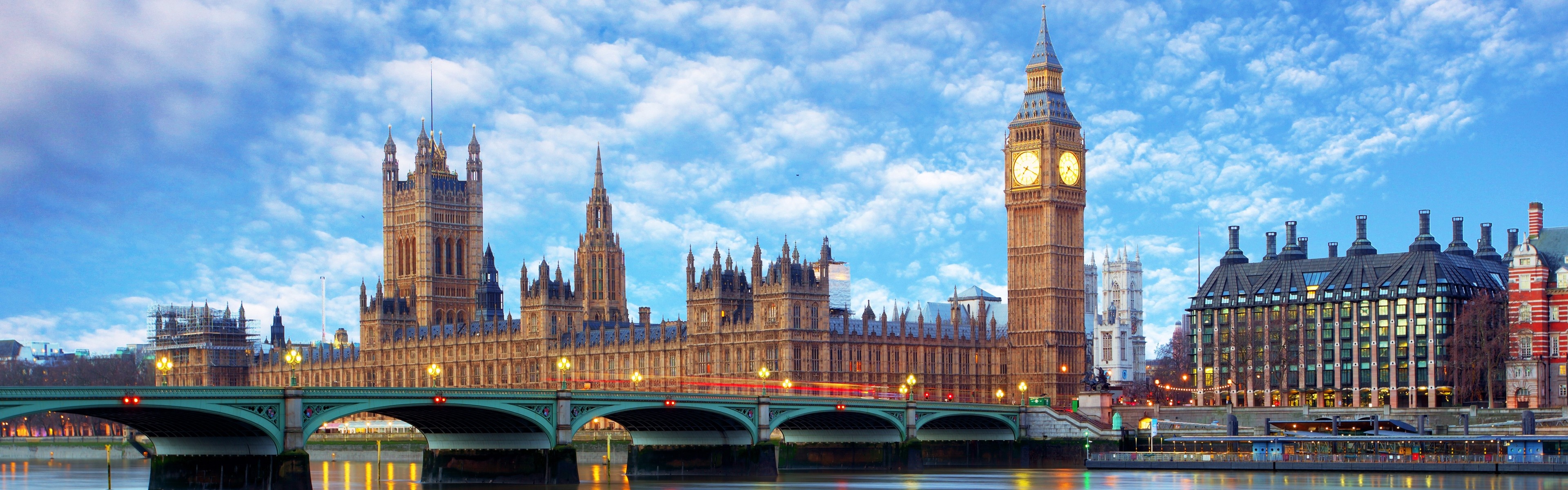 London City skyline, Westminister Big Ben, Place of worship, Travels, 3840x1200 Dual Screen Desktop