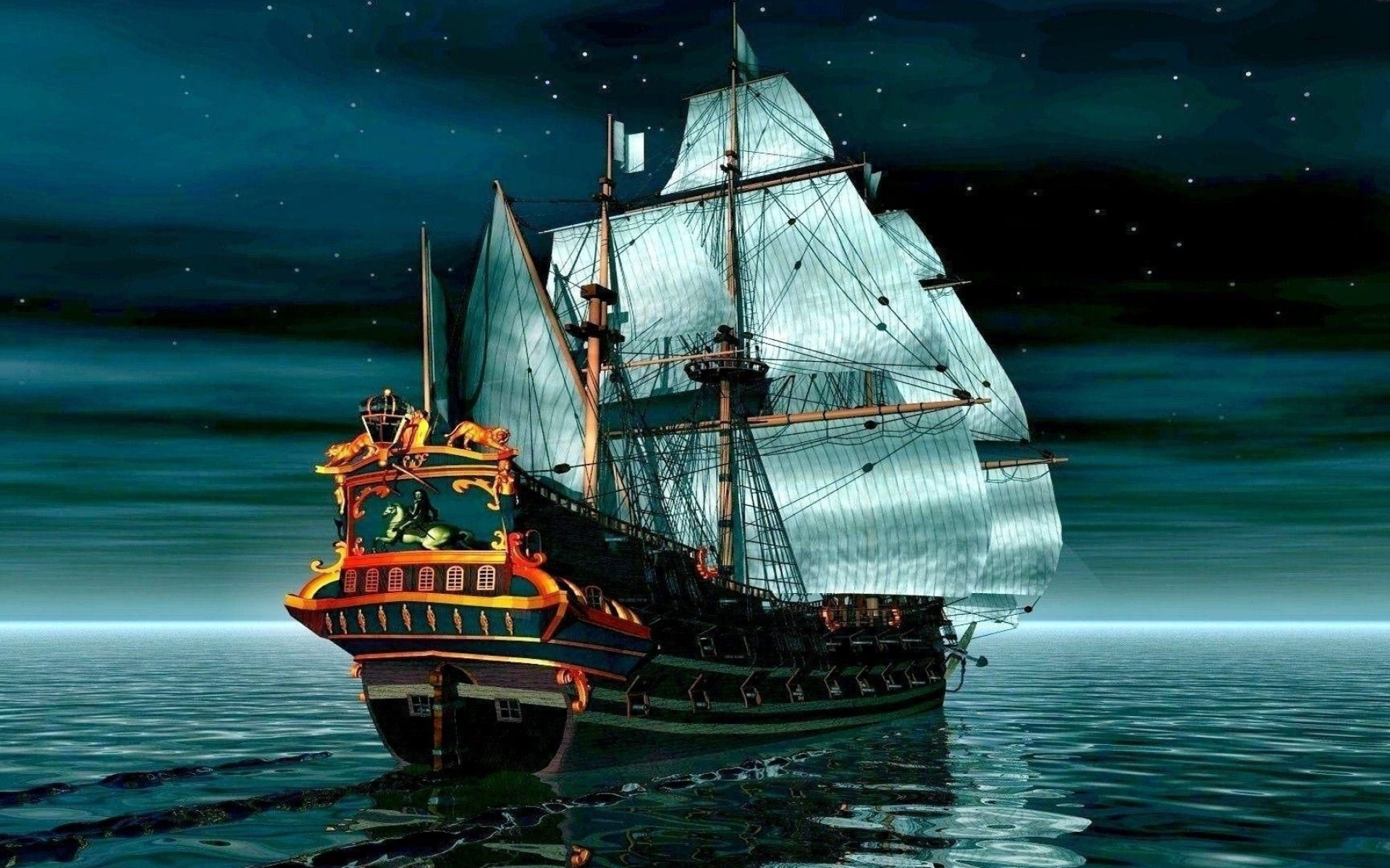 Three-masted wooden galleon, Ornate gilded stern transom, Starry nocturnal ocean, HD Desktop wallpaper