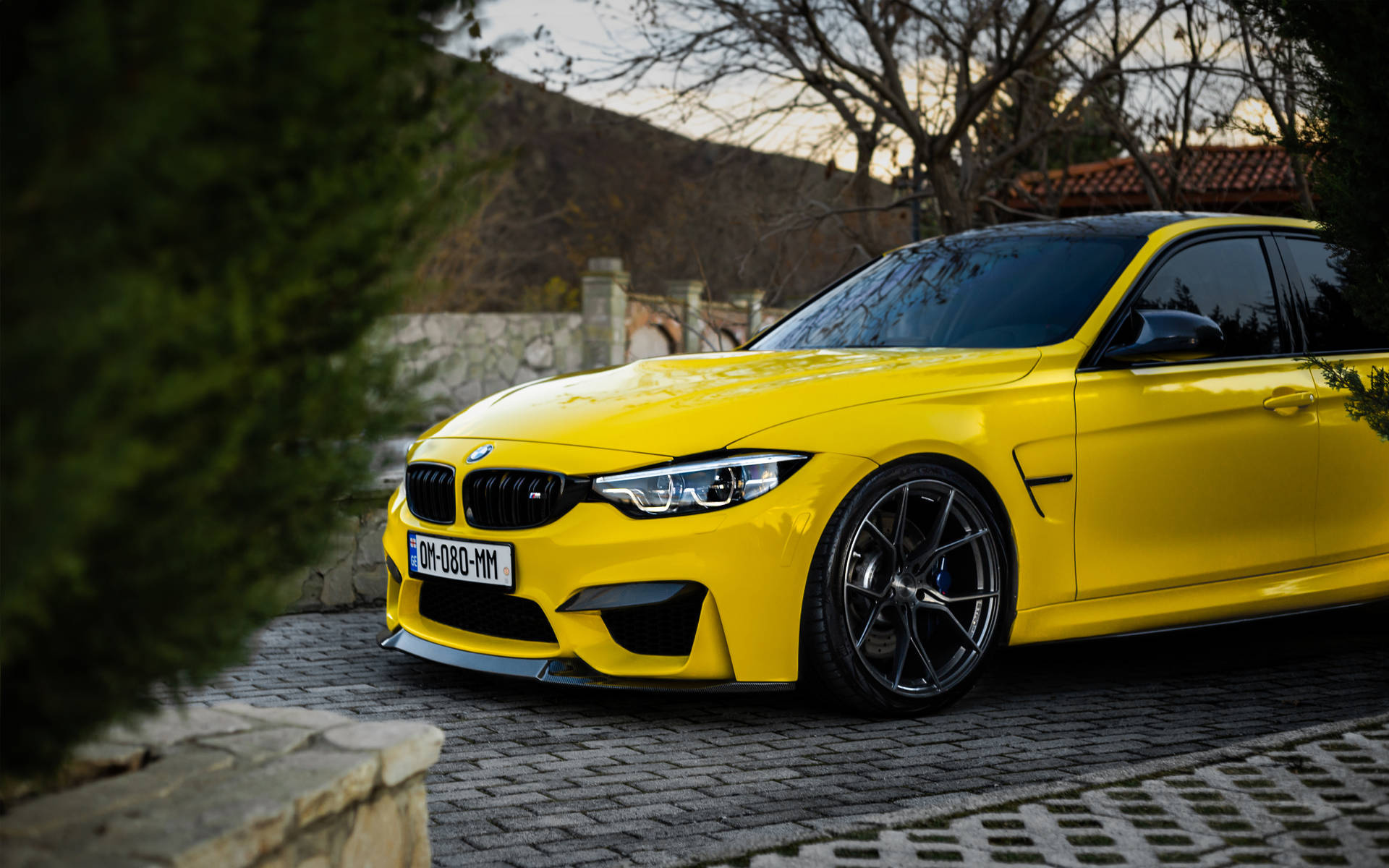 BMW M3 F80, Yellow performance sedan, Cobblestone driveway, HD Desktop wallpaper