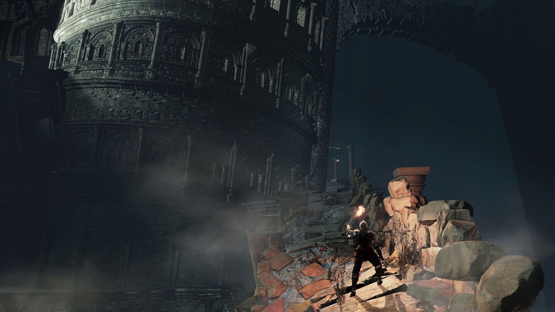 Dark Souls III, Ashen One holding torch, ruined colossal stone tower, Full HD Desktop wallpaper