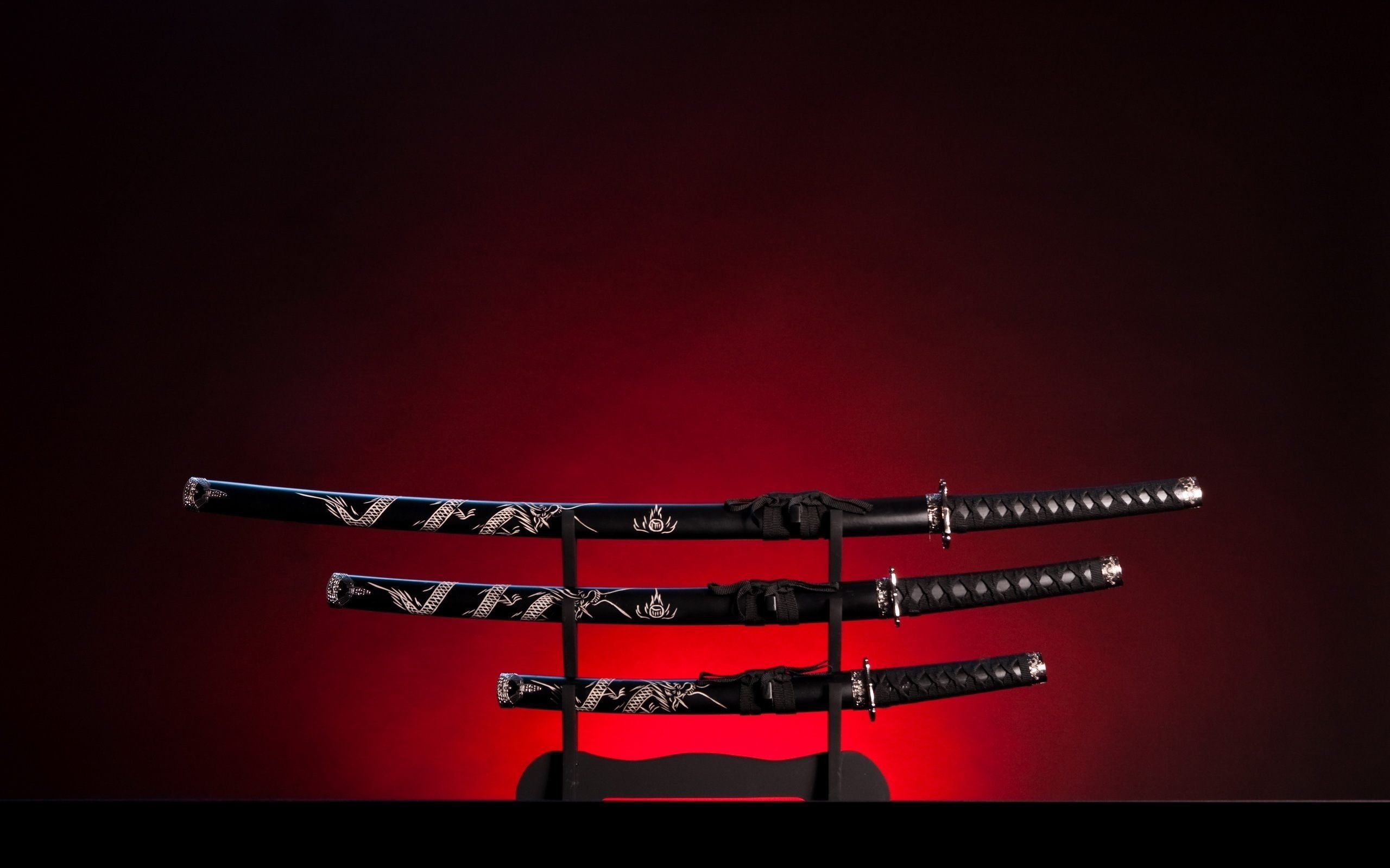 Japanese katana sword set, Black katanakake sword stand, Crimson red studio backdrop, HD Desktop wallpaper