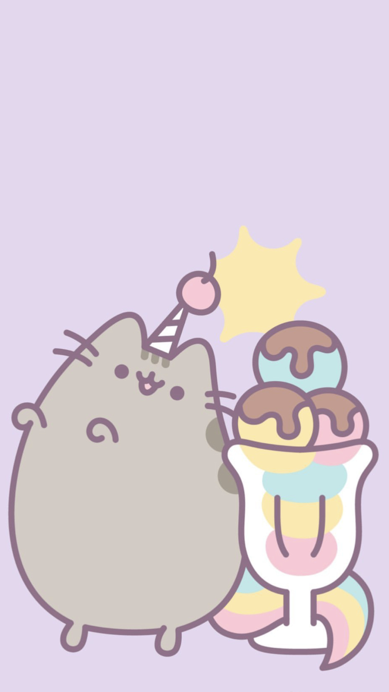 Pusheen in party hat, Pastel ice cream sundae, Pastel purple background, HD Phone wallpaper