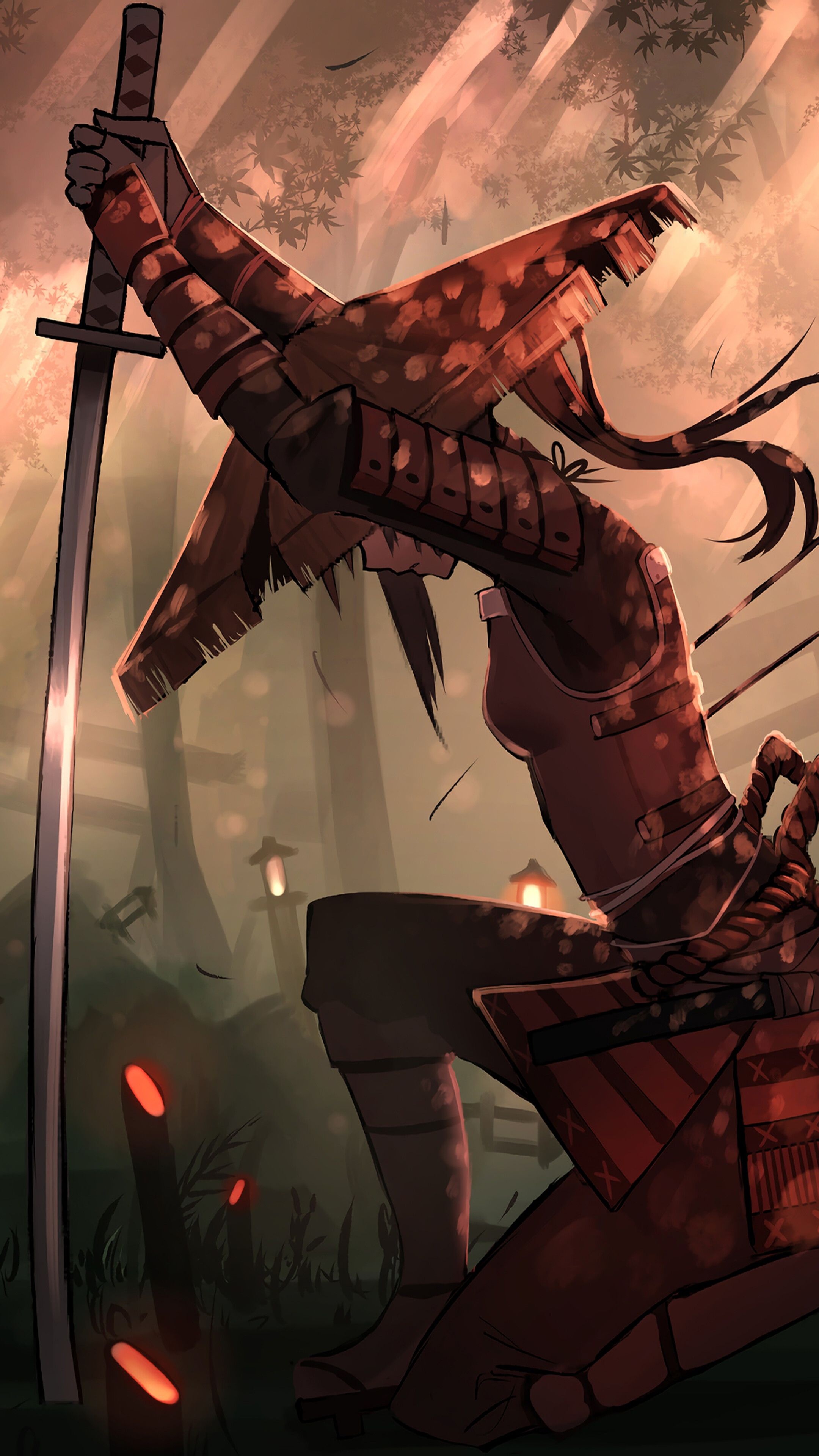 Kneeling female samurai warrior, Drawn katana sword, Misty torii gate forest, 4K Phone wallpaper