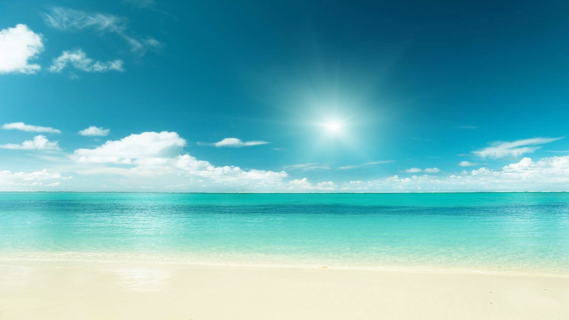 Bright midday sun, Turquoise tropical ocean, White sand beach, Full HD Desktop wallpaper