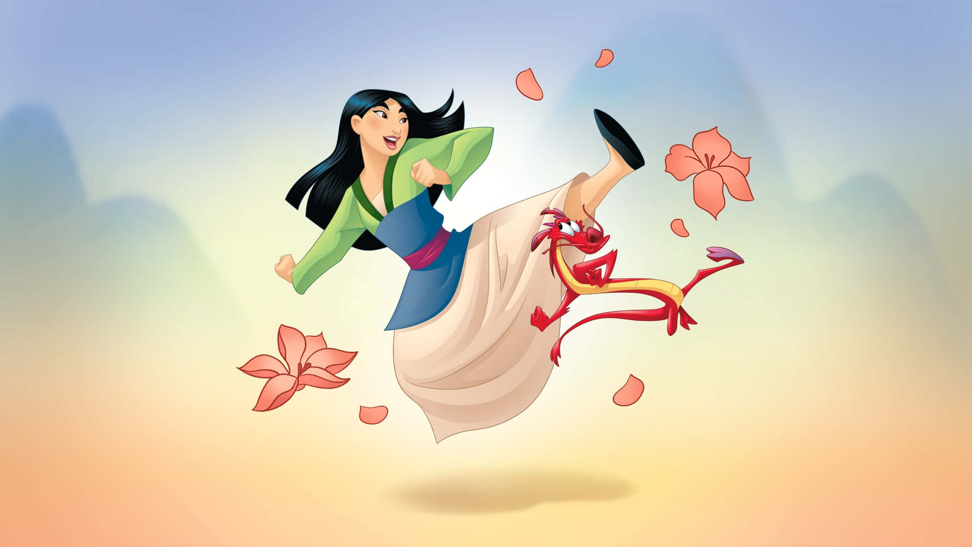 Fa Mulan, Mushu, magnolia blossoms, Full HD Desktop wallpaper