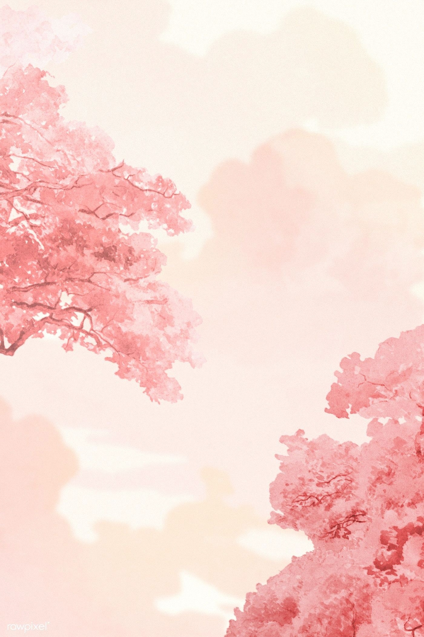 Pink watercolor tree foliage, Soft pastel cloudy sky, Pink watercolor painting, HD Phone wallpaper