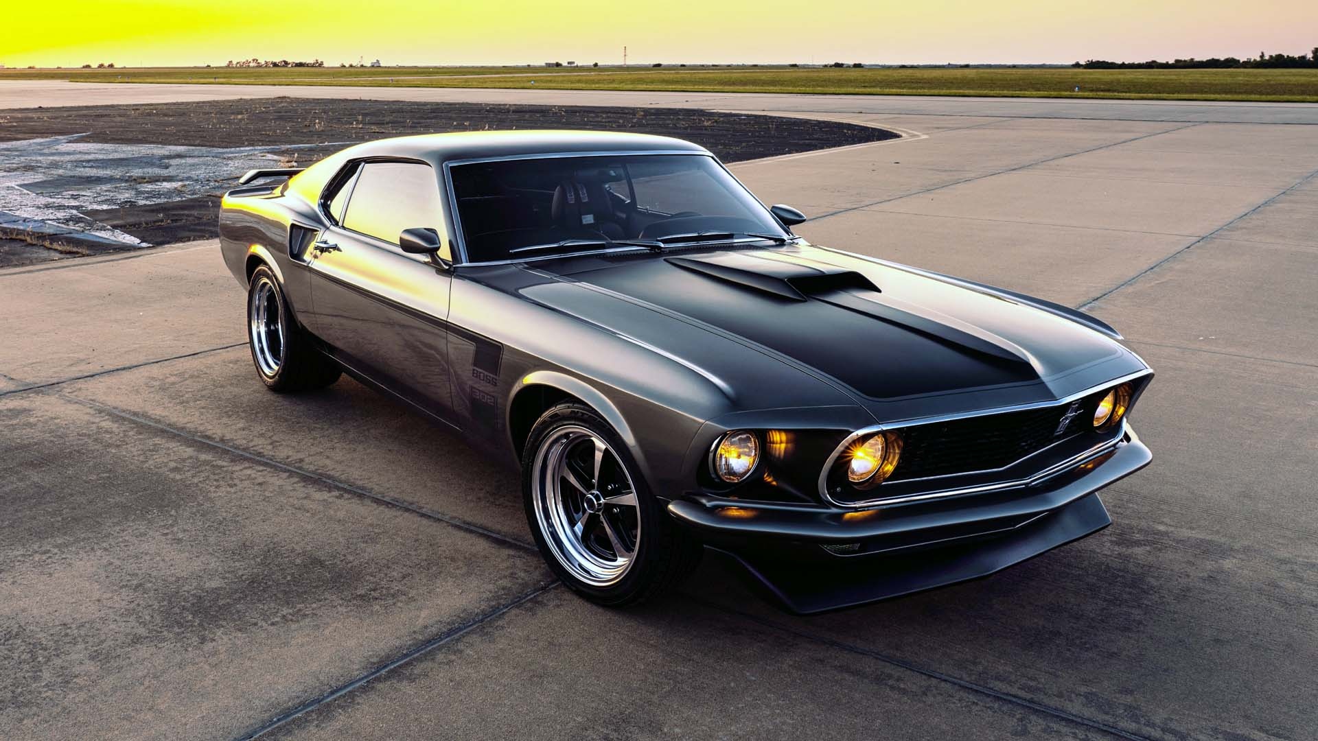 1969 Ford Mustang Boss 302, Concrete airfield tarmac, Golden hour horizon, Full HD Desktop wallpaper