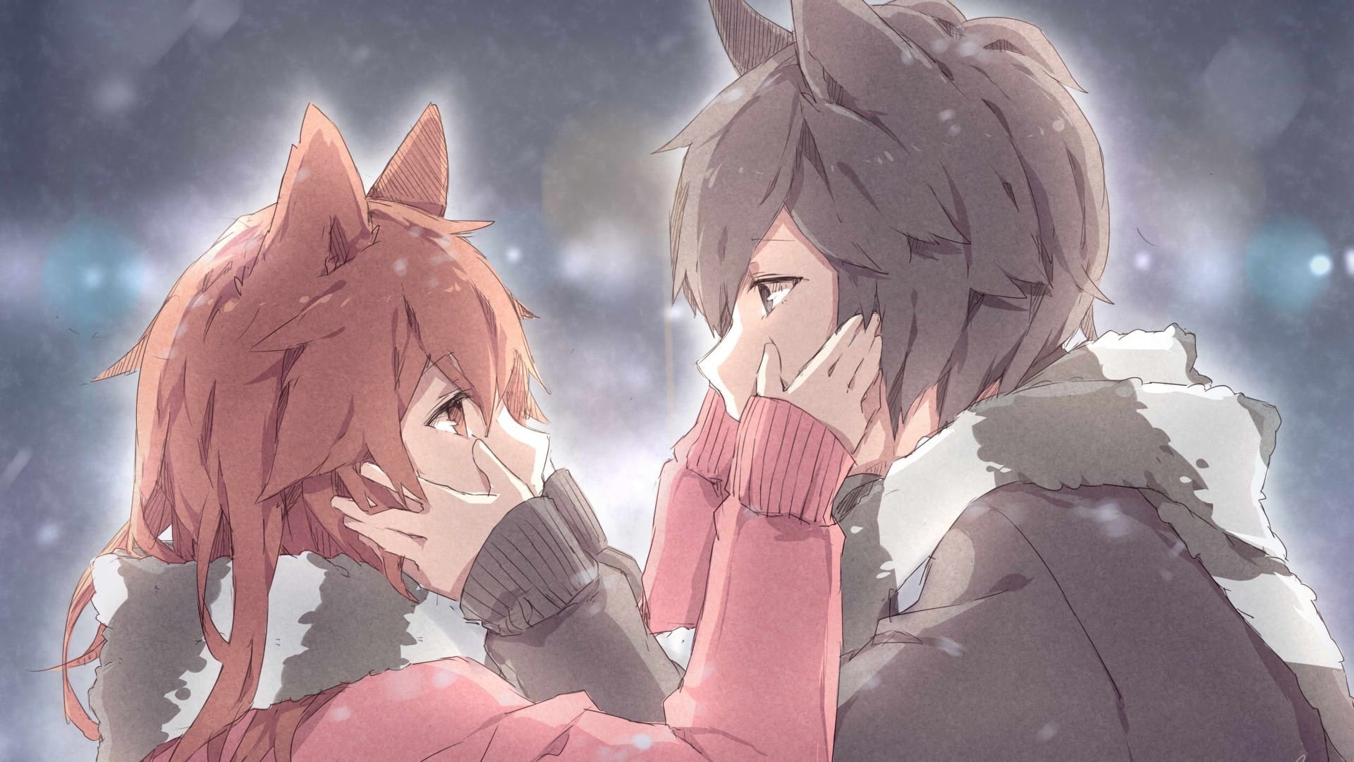 kemonomimi anime couple, fox-eared anime girl, winter falling snow bokeh, Full HD Desktop wallpaper