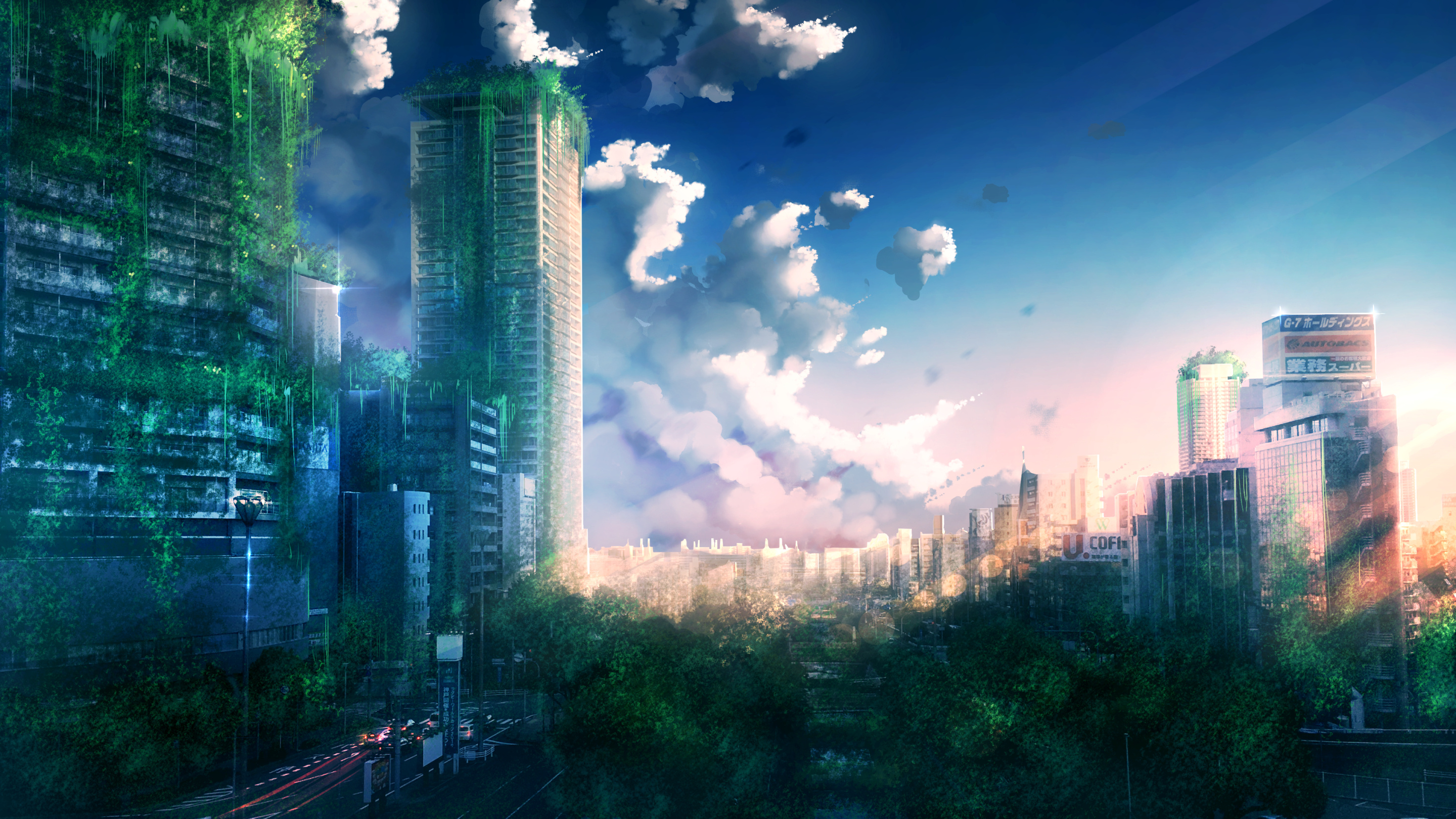 vine-covered anime skyscraper, AUTOBACS rooftop sign, anime cumulus cloudscape, HD Desktop wallpaper
