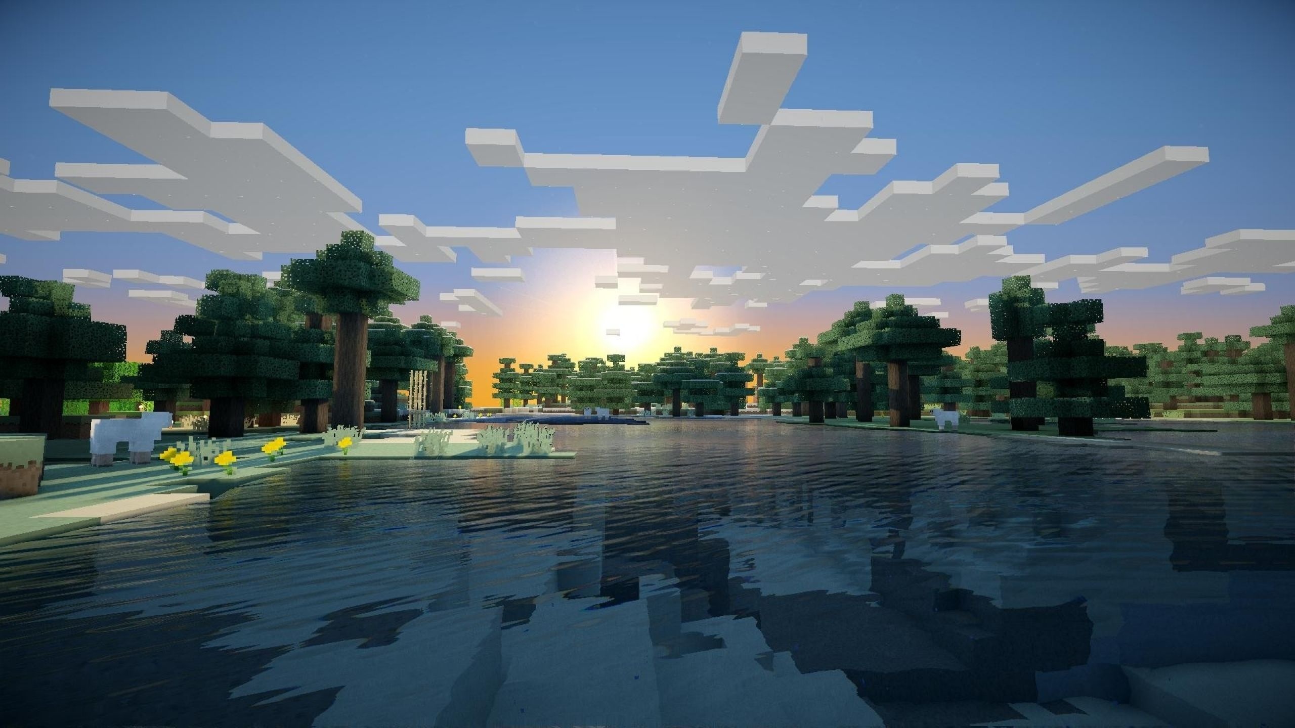 Minecraft sunrise lake, Realistic water shader reflections, Blocky voxel clouds, HD Desktop wallpaper
