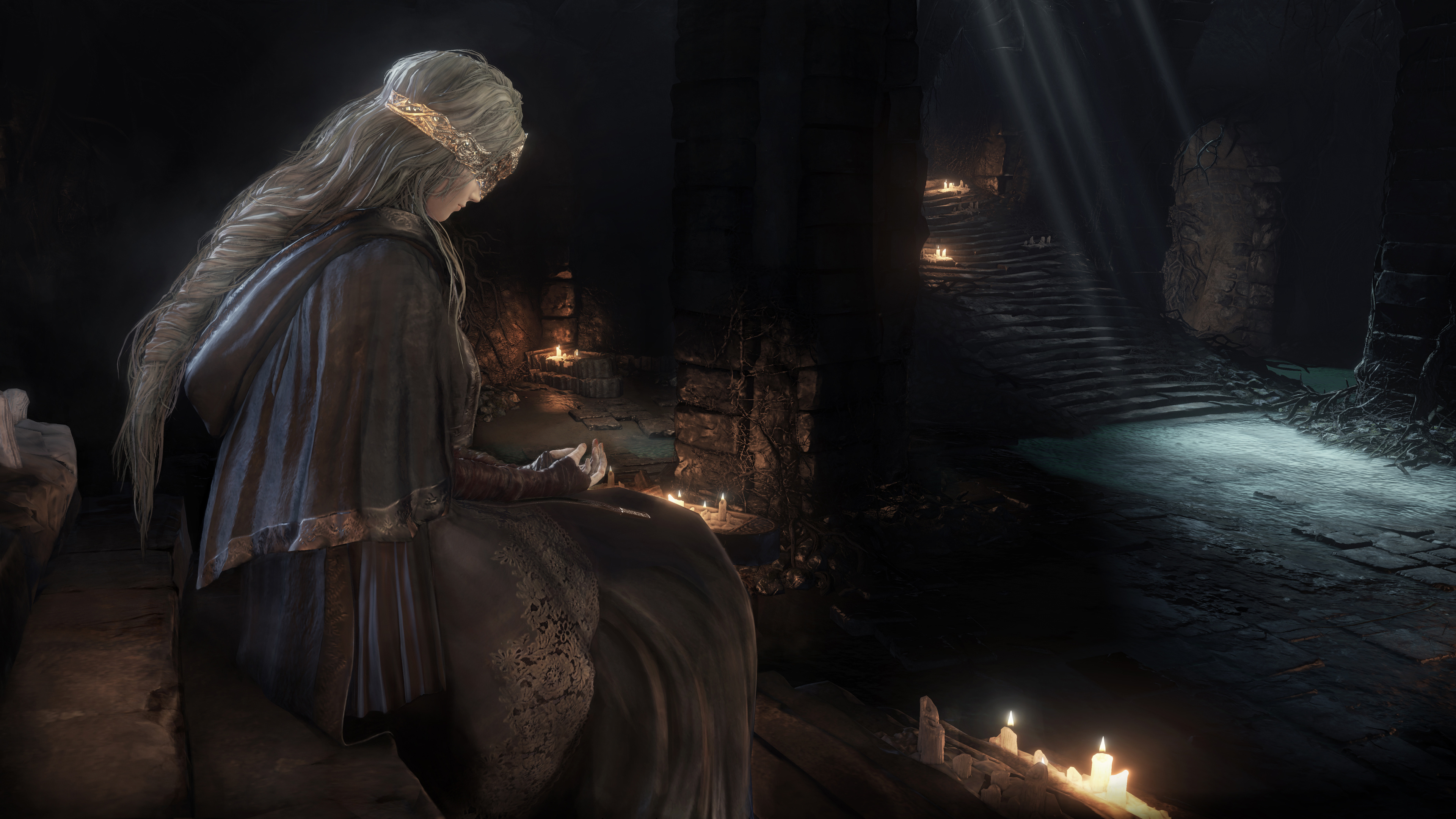Fire Keeper, Firelink Shrine, candlelit stone staircase, 4K Desktop wallpaper