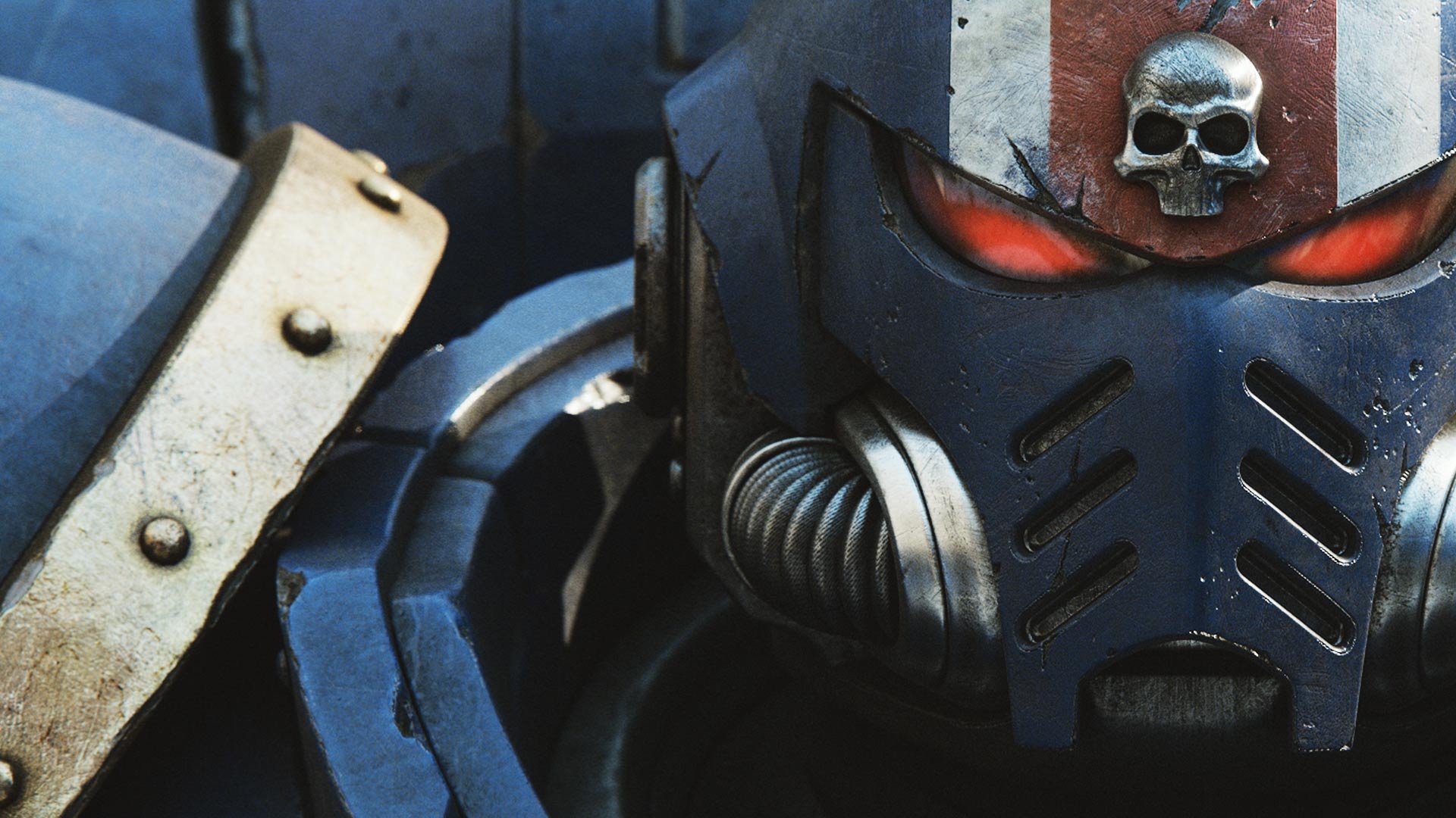 Ultramarines Space Marine helmet, Skull Imperialis insignia, Glowing red eye lenses, Full HD Desktop wallpaper