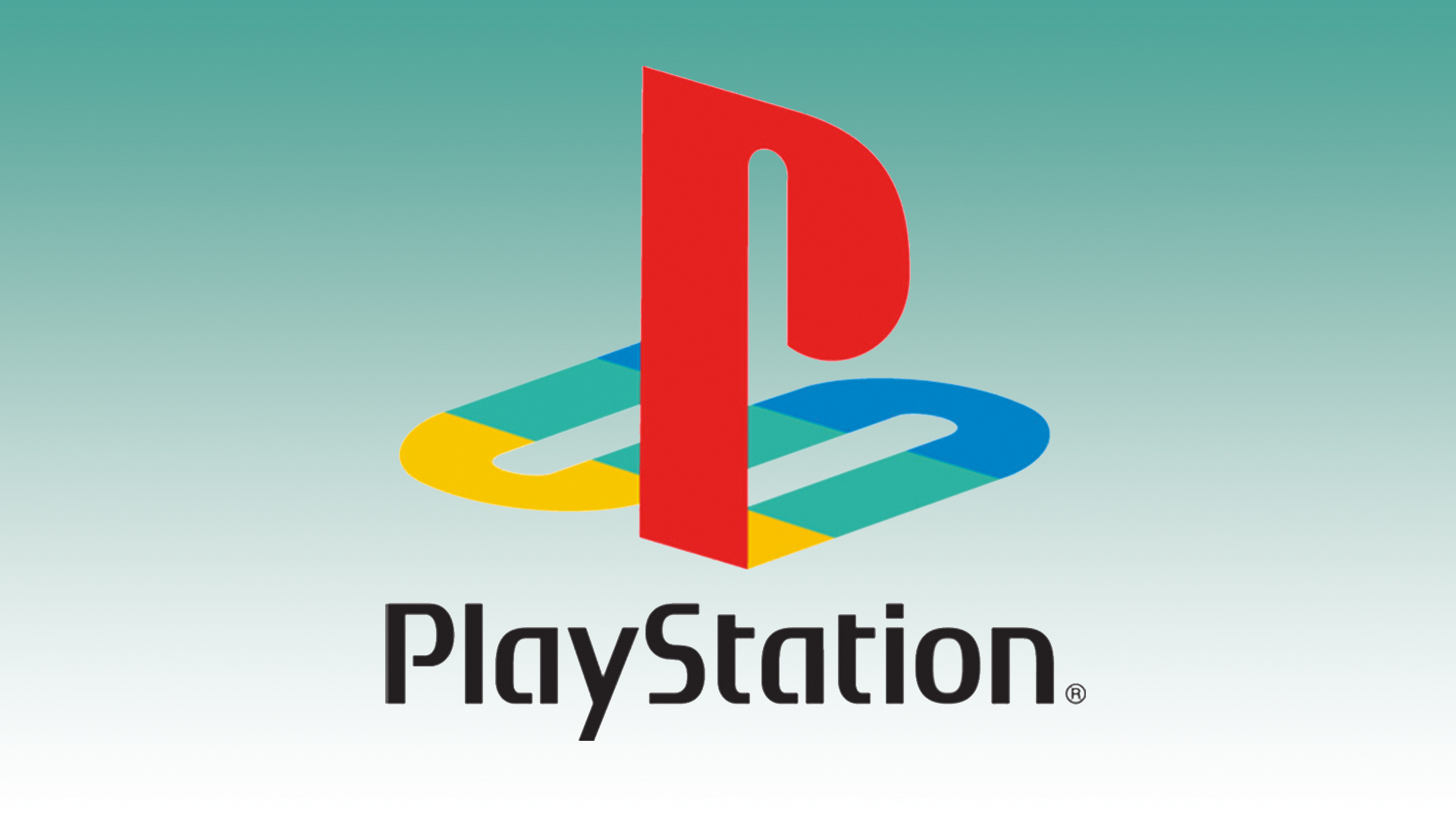 Classic PlayStation logo, PlayStation wordmark, Teal gradient backdrop, Full HD Desktop wallpaper