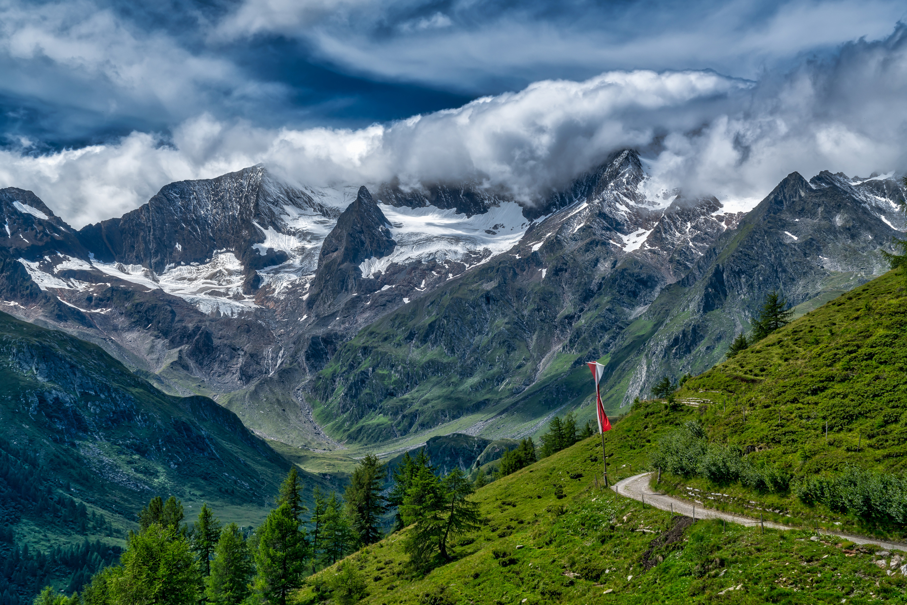 Swiss Alps mountain range, Glaciated snow covered peaks, Alpine hillside hiking trail, HD Desktop wallpaper
