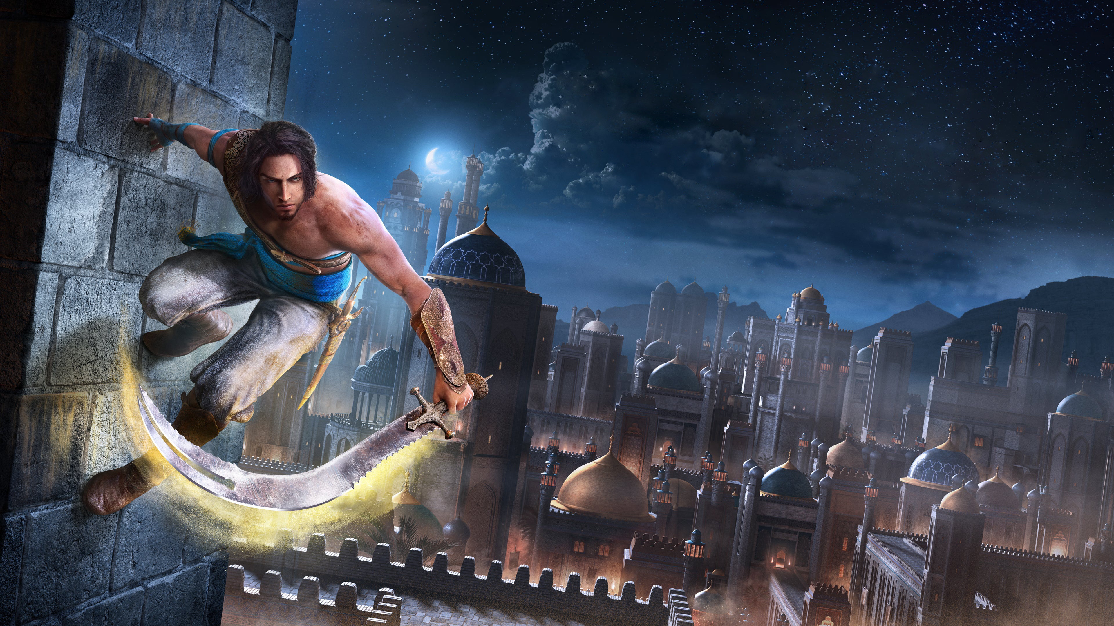 The Prince wall-running, Prince of Persia: The Sands of Time, Azad palace night cityscape, 4K Desktop wallpaper