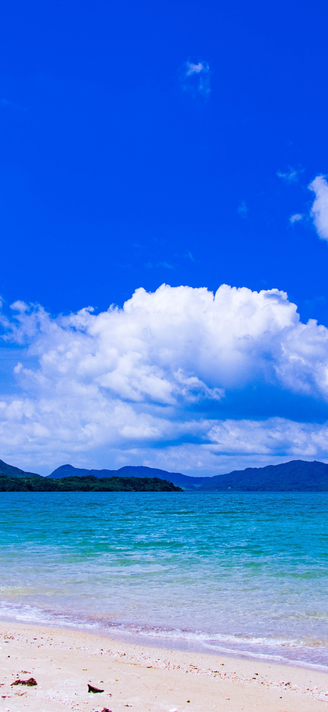 Fluffy cumulus cloudscape, Turquoise tropical sea, White sand beach, HD Phone wallpaper