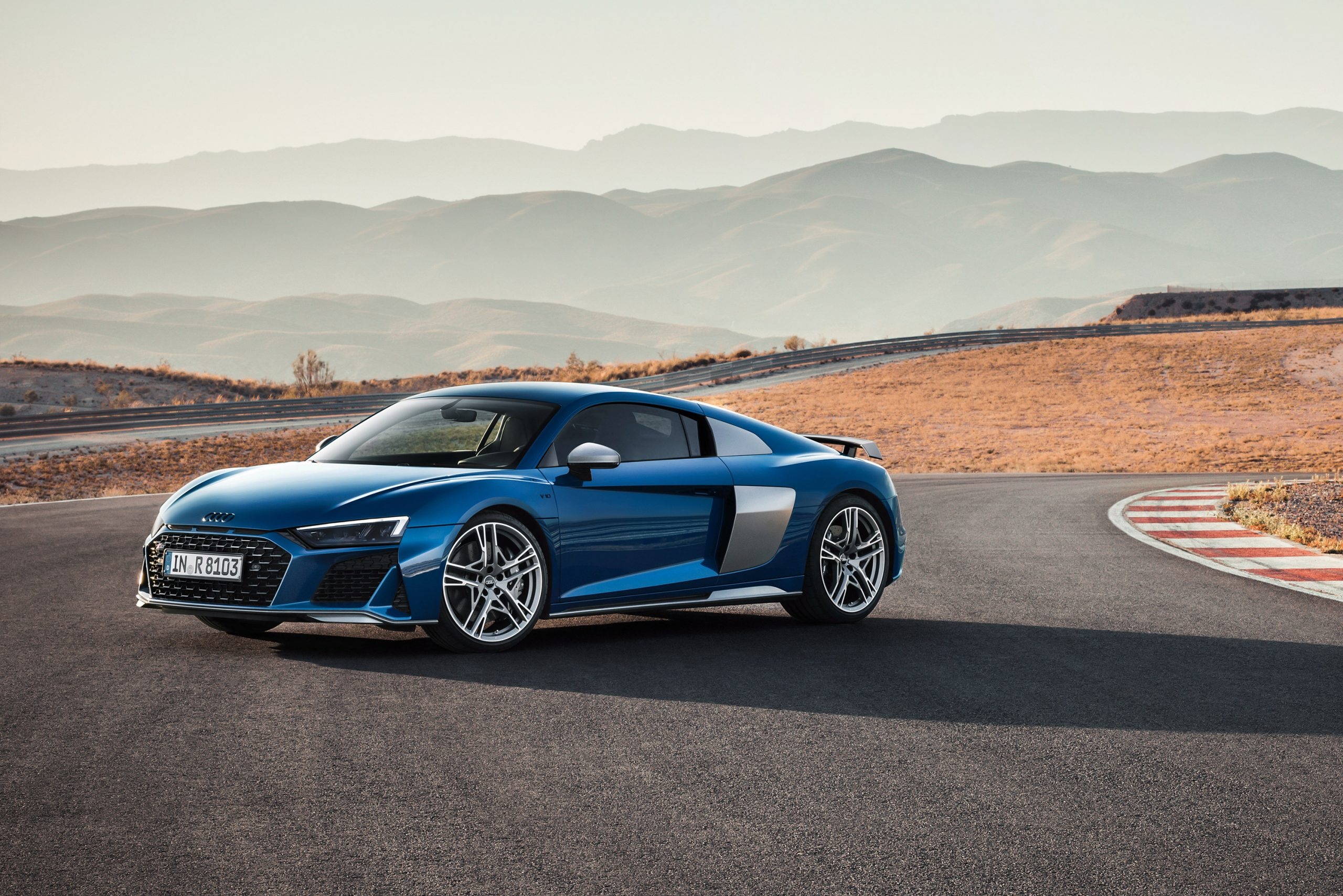 Audi R8 V10 performance, racetrack red white curb, arid mountain hills, HD Desktop wallpaper