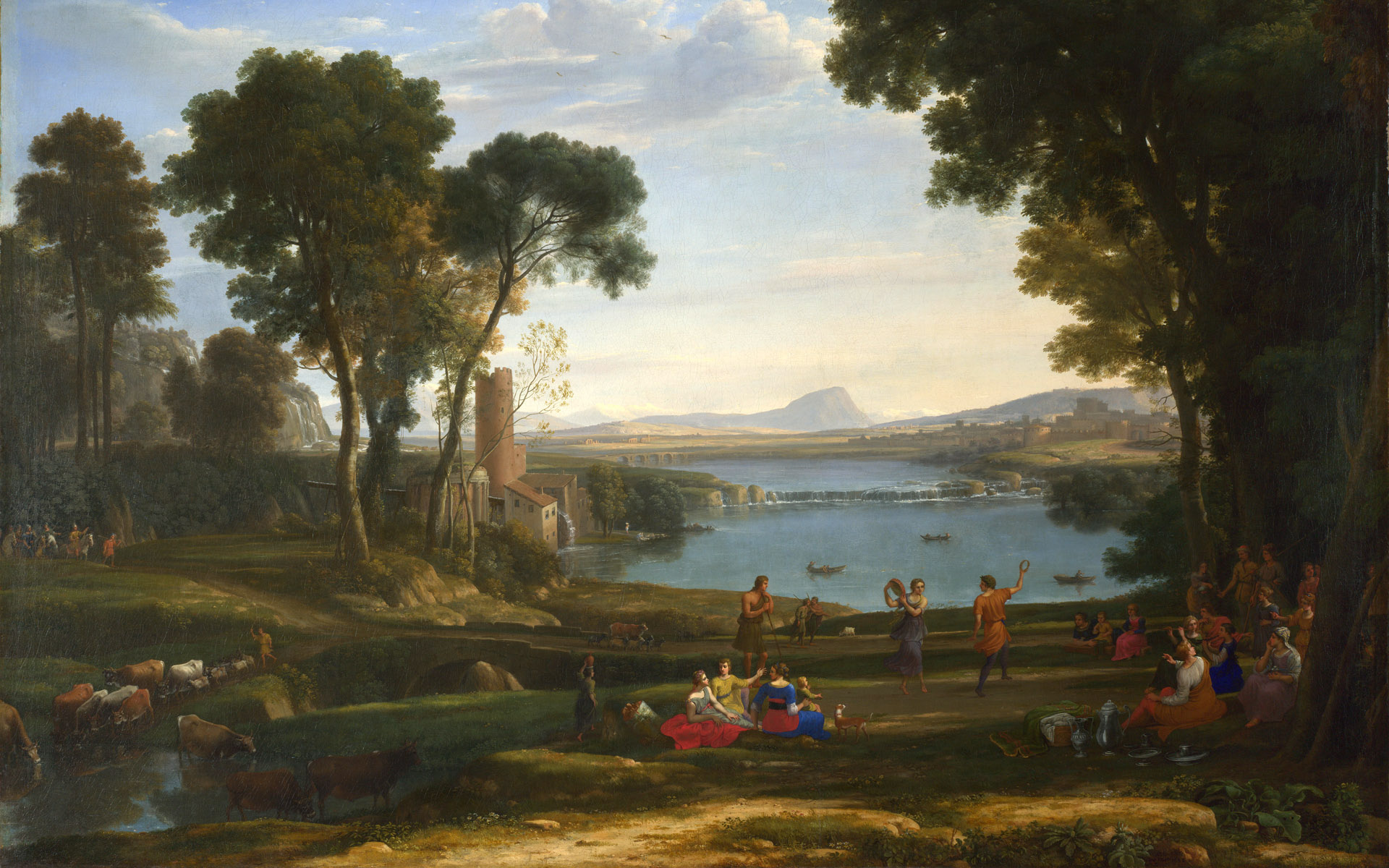 Landscape with the Marriage of Isaac and Rebecca, Claude Lorrain artwork, Pastoral river landscape, HD Desktop wallpaper