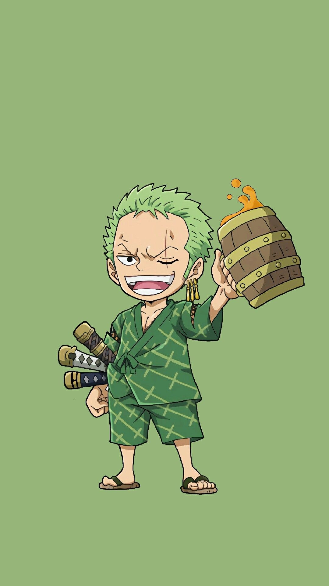 Chibi Roronoa Zoro, wooden sake barrel, three katanas, Full HD Phone wallpaper