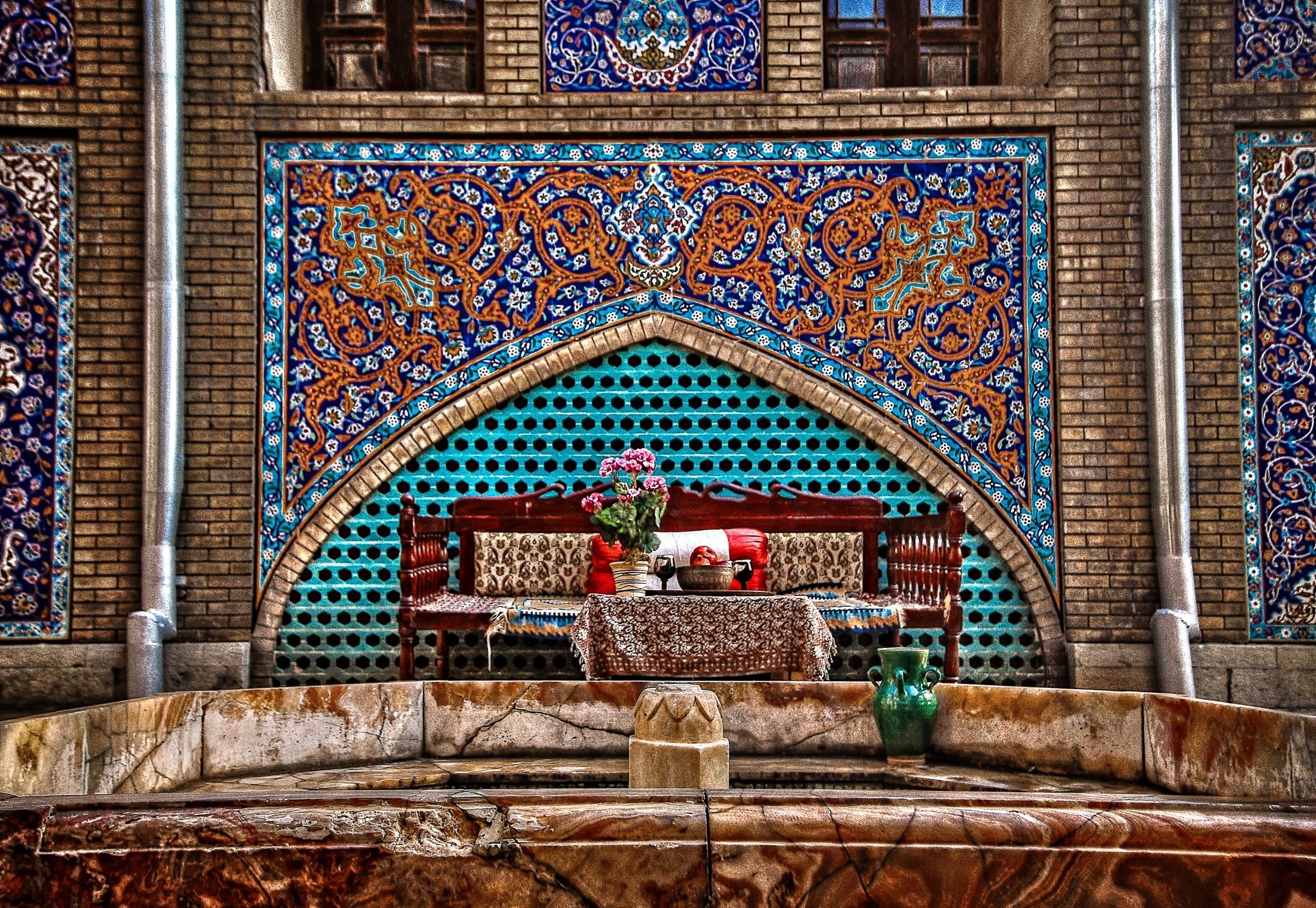 Qajar mosaic tile alcove, traditional wooden takht daybed, carved stone howz fountain, HD Desktop wallpaper
