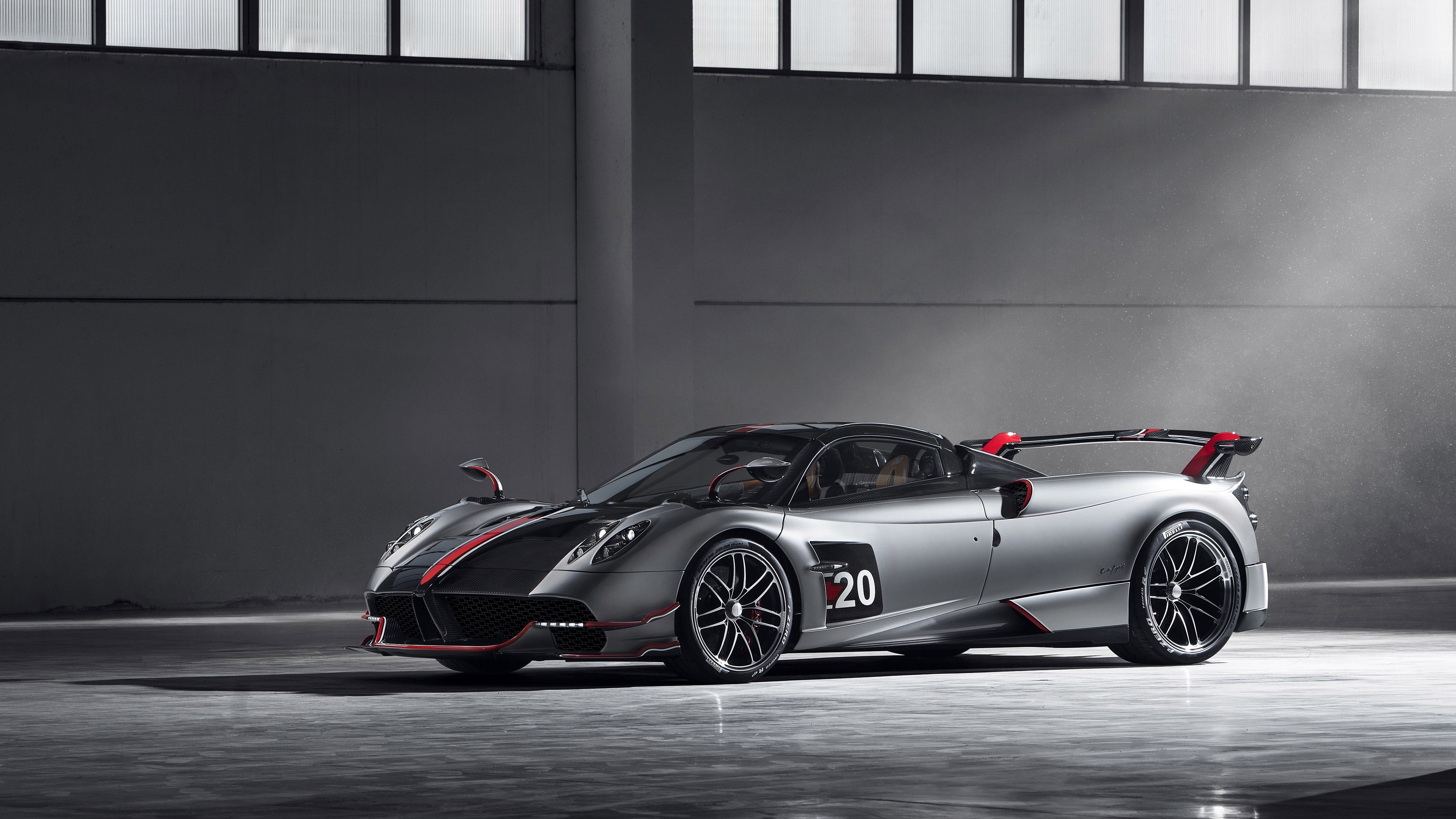 Pagani Huayra BC, industrial warehouse studio, number 20, 4K Desktop wallpaper