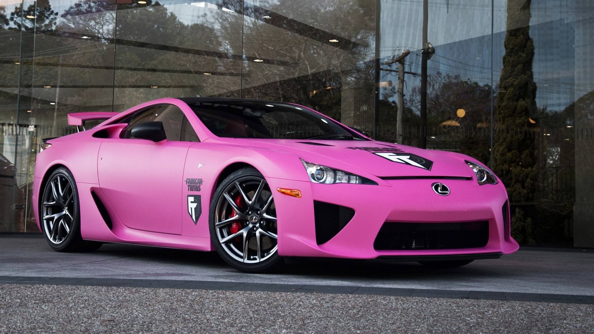 Lexus LFA, matte pink wrap, glass showroom exterior, Full HD Desktop wallpaper