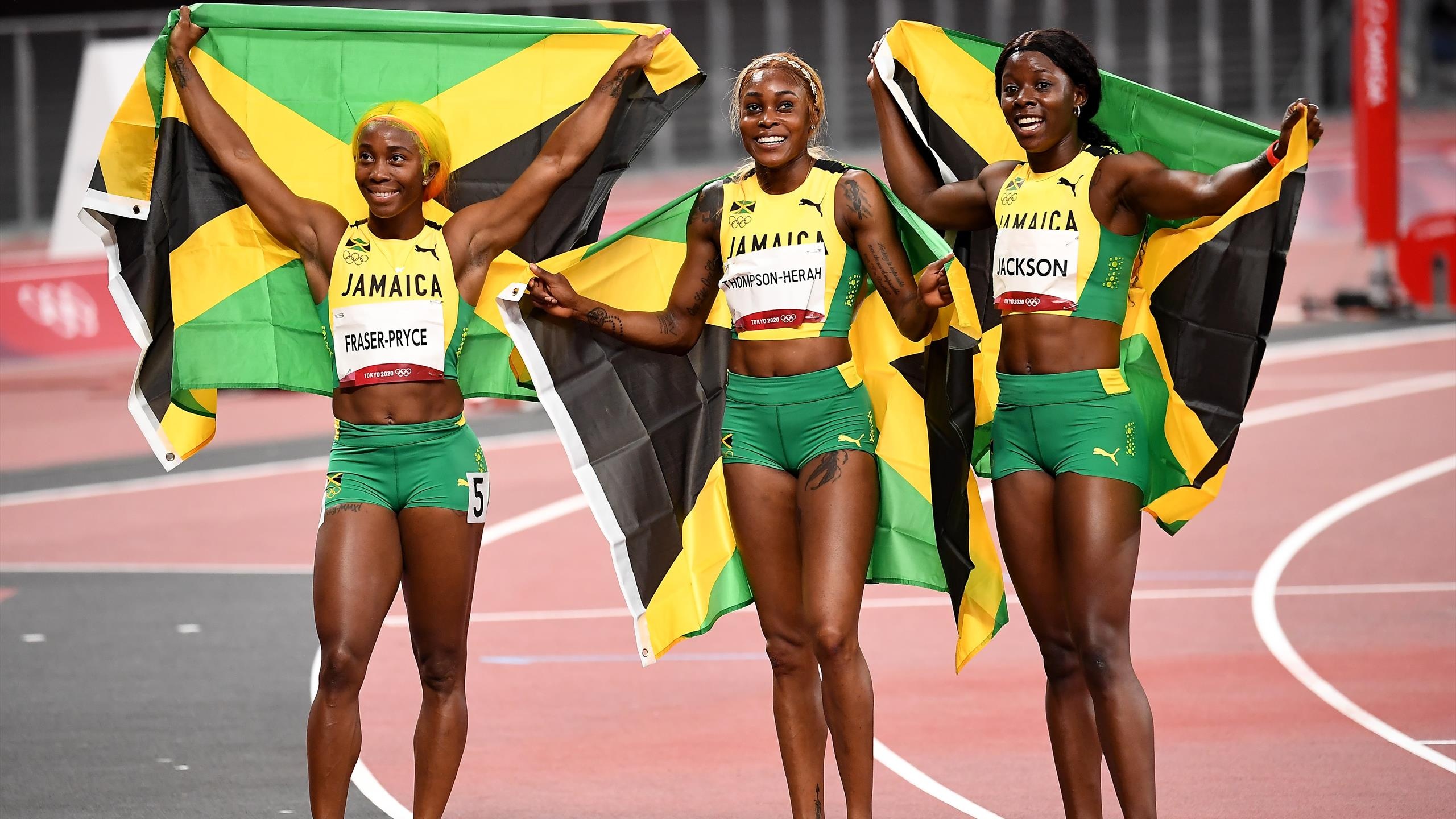 Shelly-Ann Fraser-Pryce, Tokyo 2020 celebrations, Elaine Thompson-Herah's victory, Eurosport coverage, 2560x1440 HD Desktop