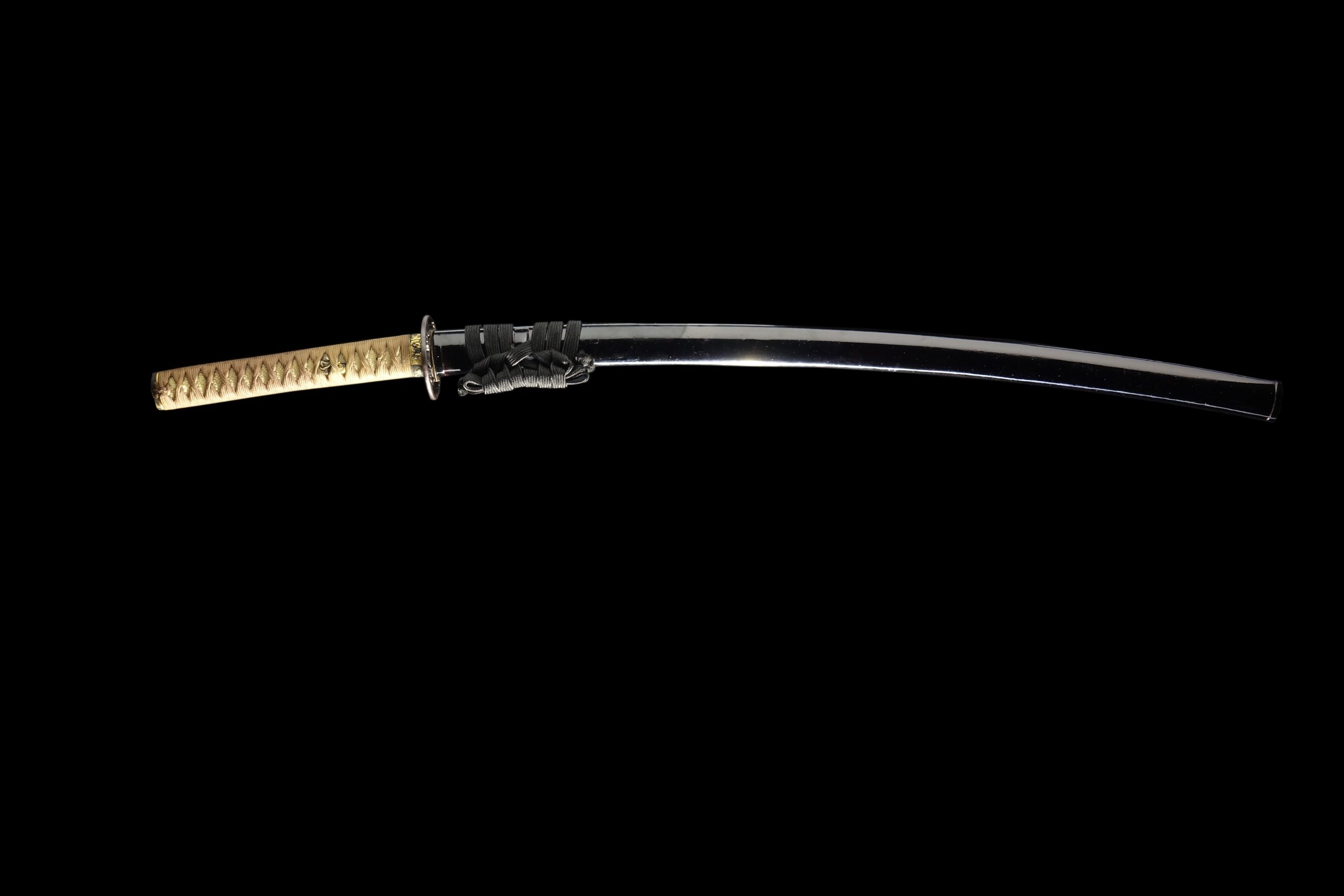 Katana sword in scabbard, Glossy black saya, Gold tsuka handle, HD Desktop wallpaper