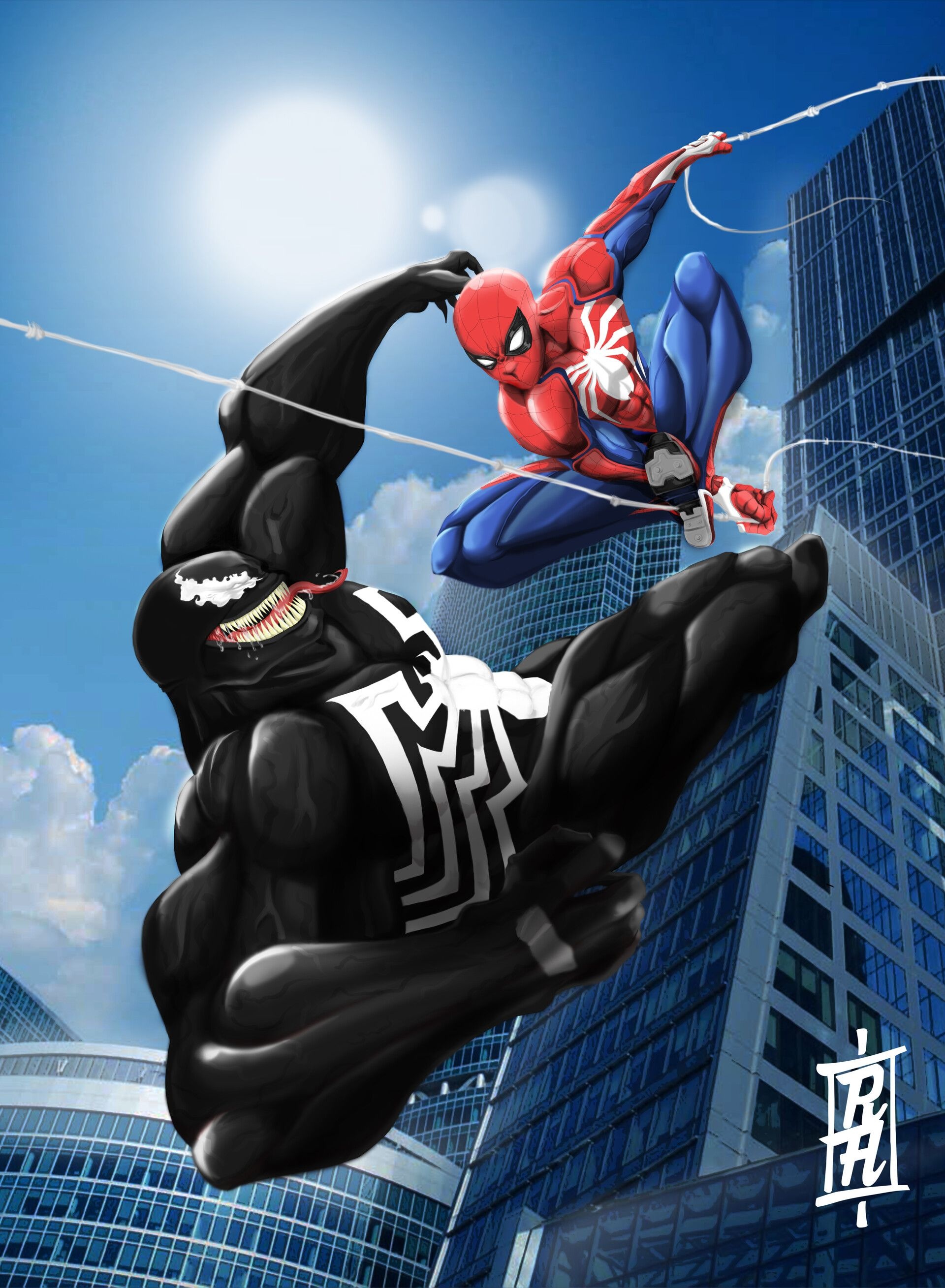 Spider-Man Advanced Suit, Venom, Modern city skyscraper background, HD Phone wallpaper
