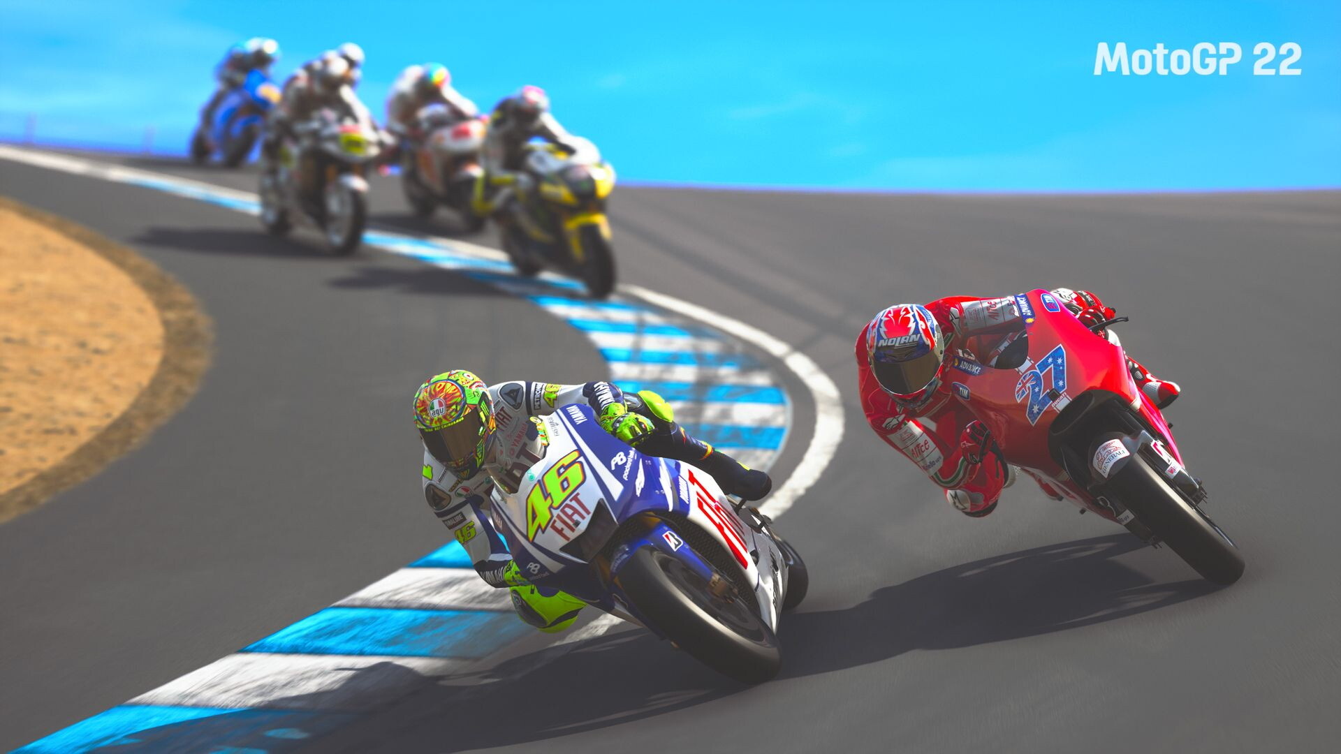 Valentino Rossi Fiat Yamaha, Casey Stoner Ducati, Laguna Seca Corkscrew, MotoGP 22, Full HD Desktop wallpaper