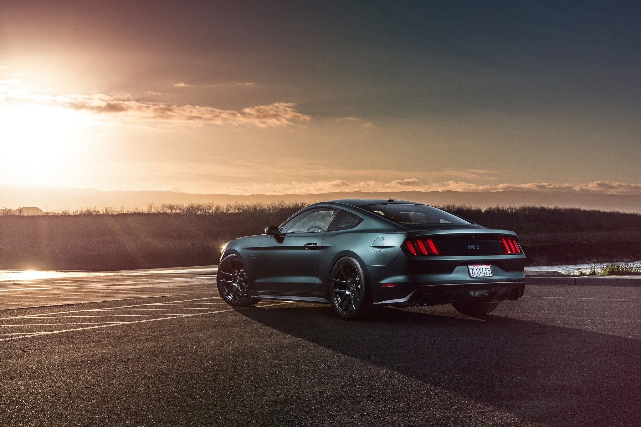 Ford Mustang GT coupe, Golden hour sunset sky, Empty asphalt parking lot, HD Desktop wallpaper