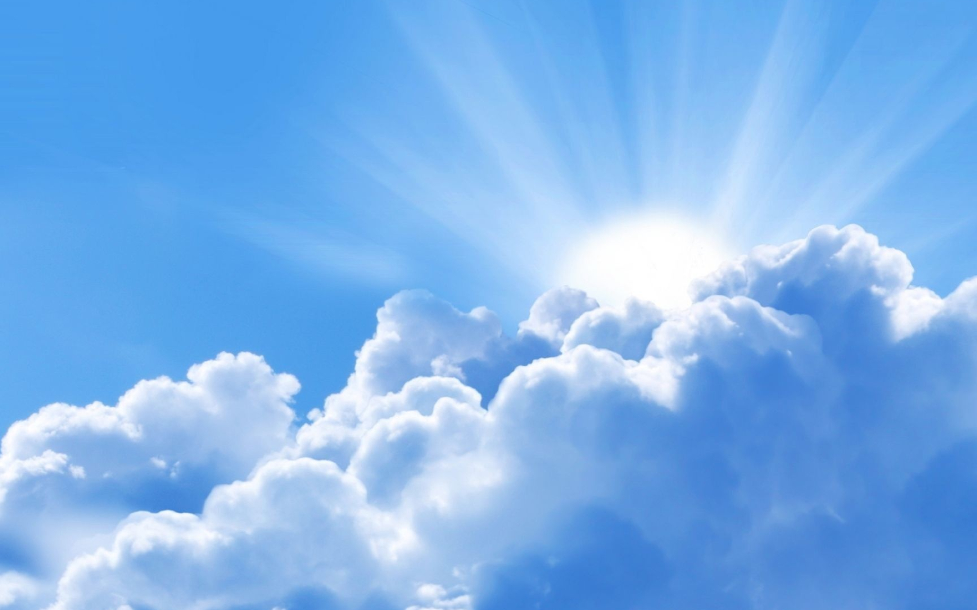 Fluffy white cumulus clouds, Radiant sunburst behind clouds, Bright blue sky, HD Desktop wallpaper