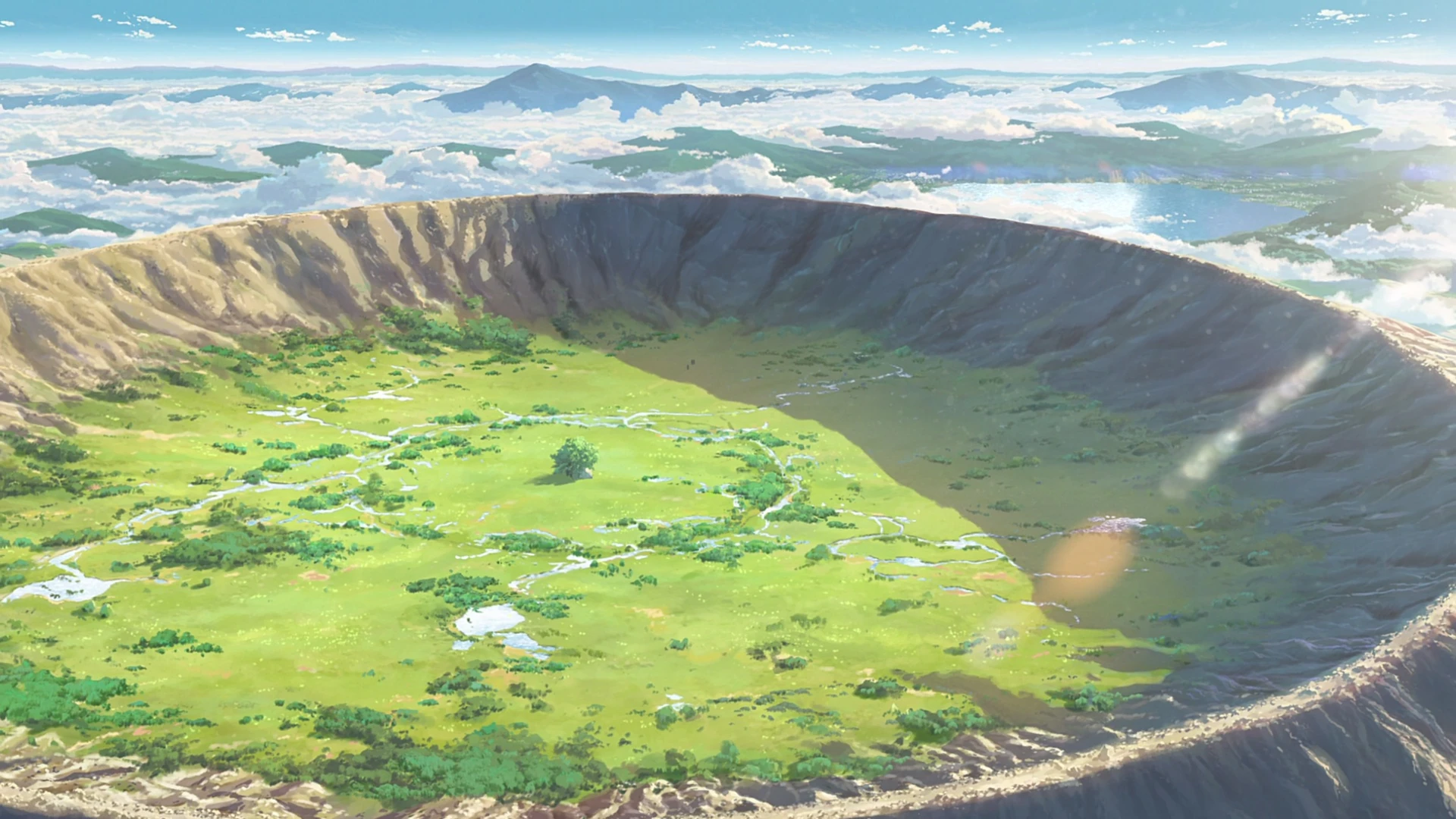 Goshintai Crater, Green caldera basin, Sea of clouds beyond the rim, Itomori, Full HD Desktop wallpaper