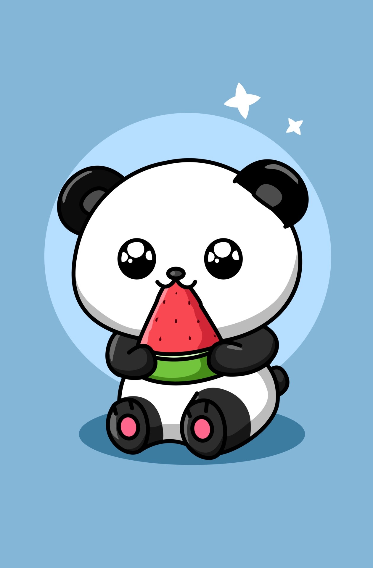 Chibi panda eating watermelon, Watermelon slice, Light blue circle backdrop, HD Phone wallpaper