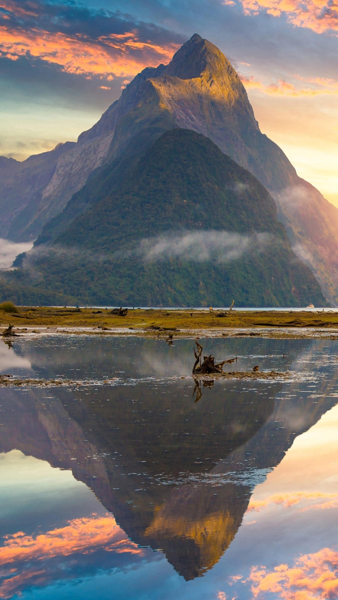 Mitre Peak rising from the Milford Sound Fiord, Fiordland National Park, 1080x1920 Full HD Phone