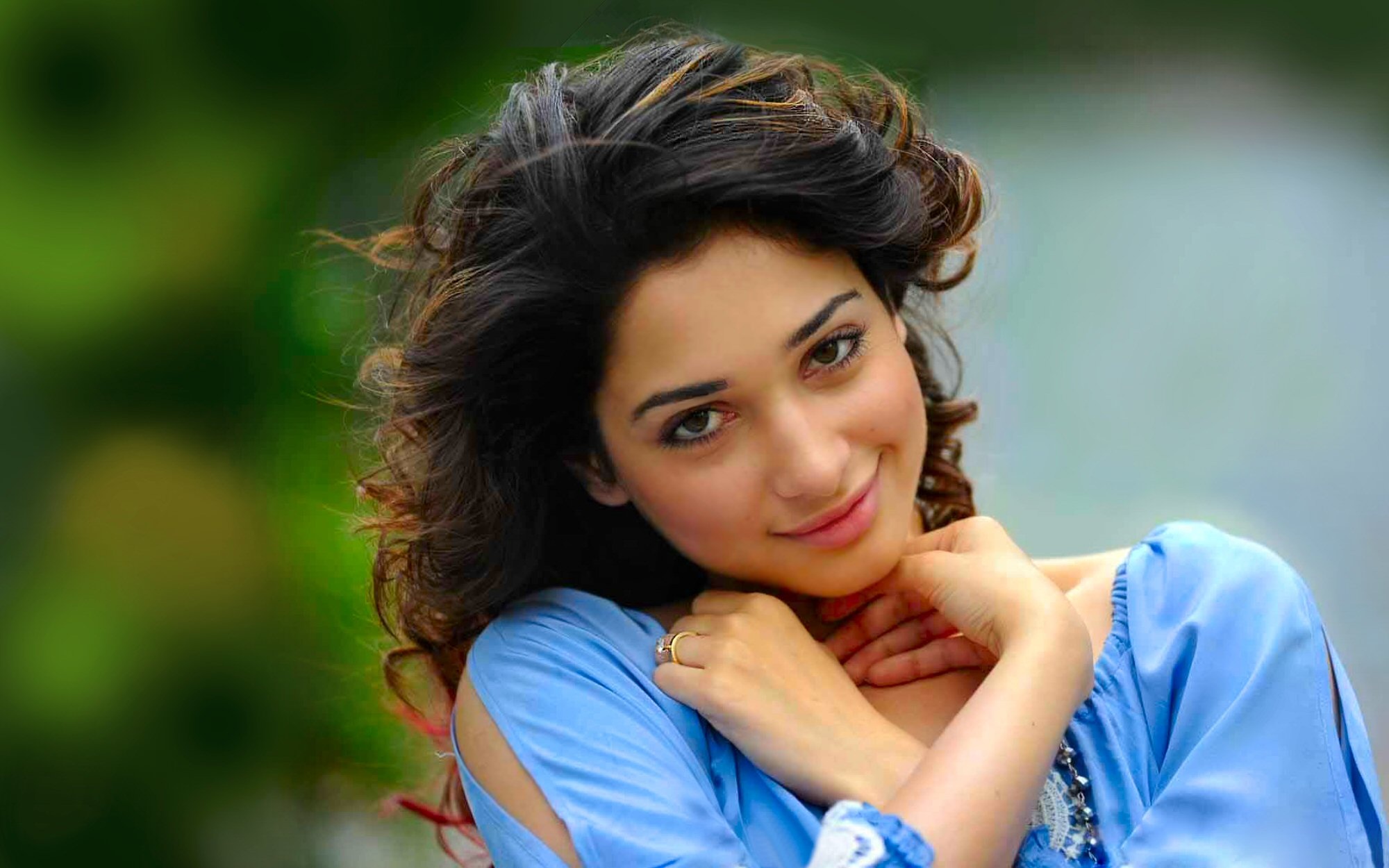 Tamannaah Bhatia, Sky blue top, Wavy brunette hairstyle, HD Desktop wallpaper
