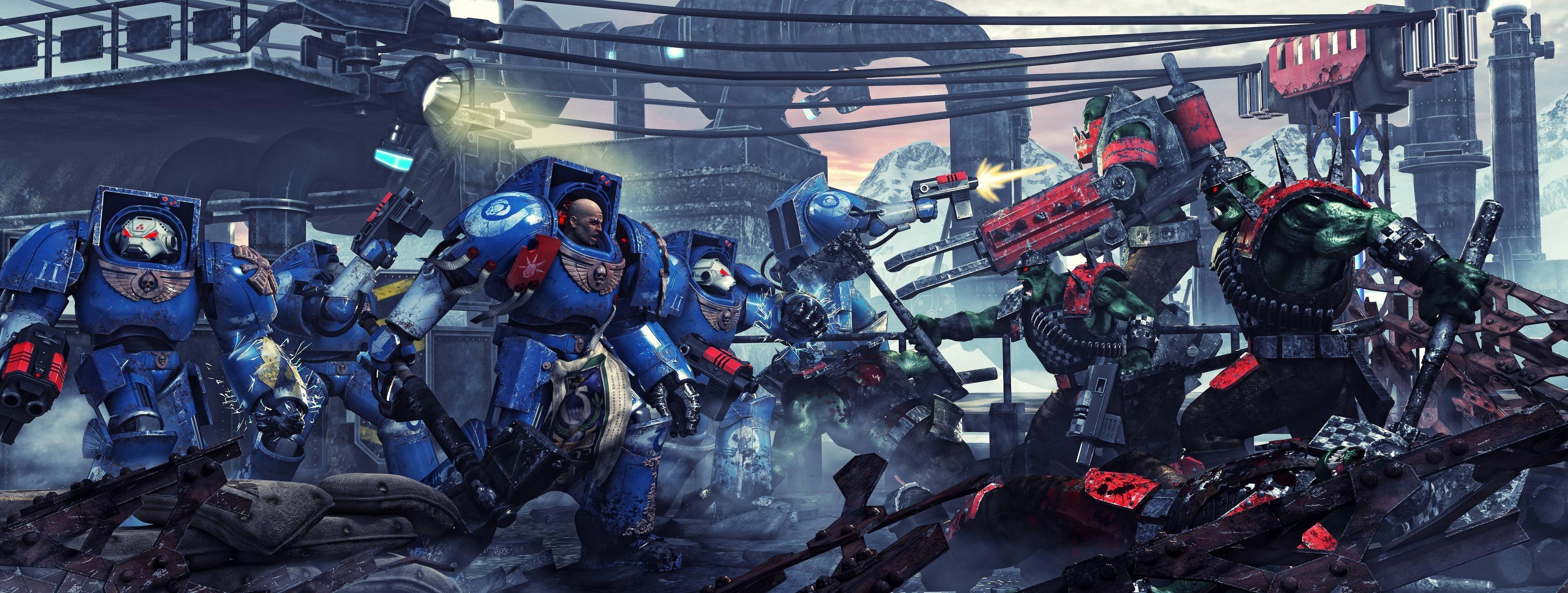 Warhammer 40,000: Space Marine, Ultramarines Terminator squad, Ork warriors, Dual Screen Desktop wallpaper