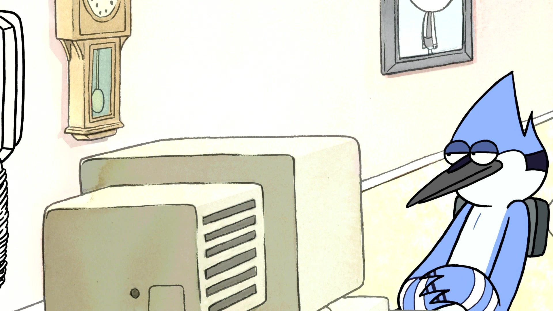 Mordecai at an old CRT computer, Beige desktop monitor, Wall clock and framed picture, Regular Show, Full HD Desktop wallpaper
