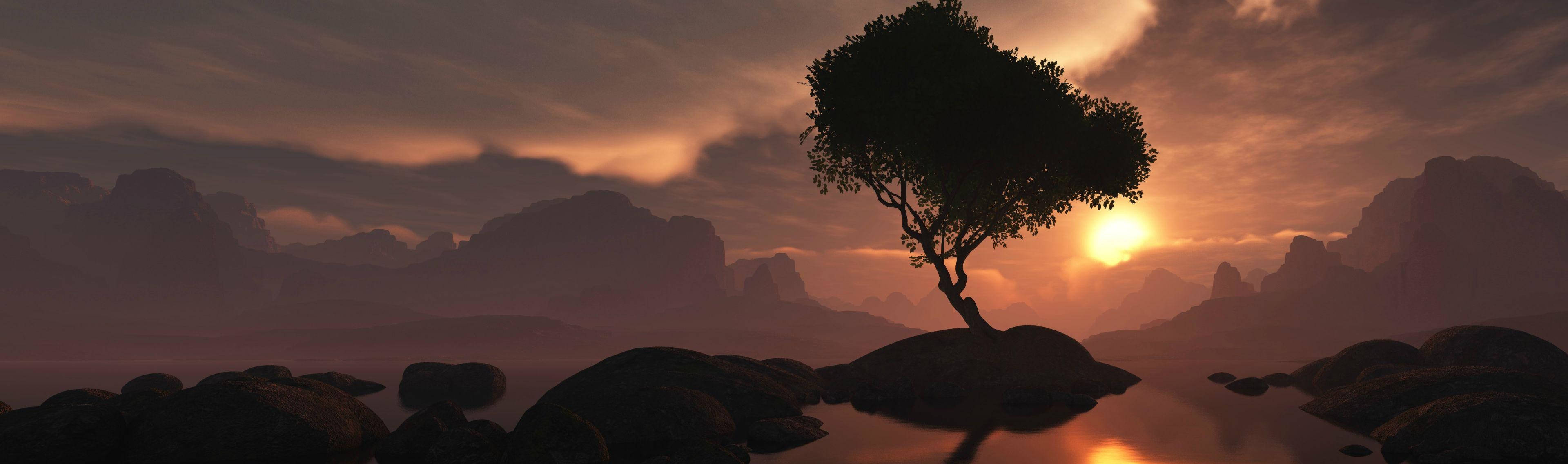 Lone tree, Dual Monitor Wallpaper, 3840x1140 Dual Screen Desktop