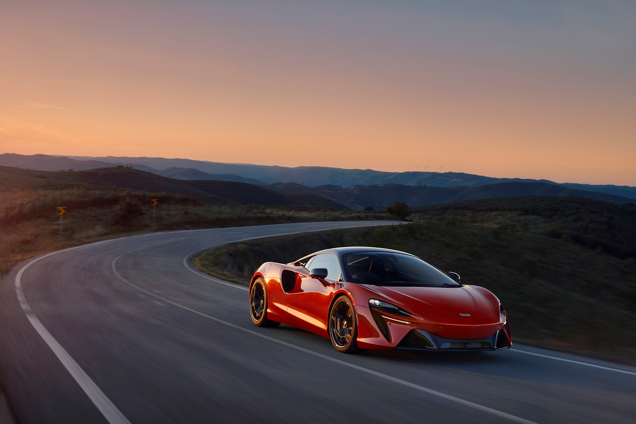 McLaren Artura, winding mountain road, sunset mountain landscape, HD Desktop wallpaper