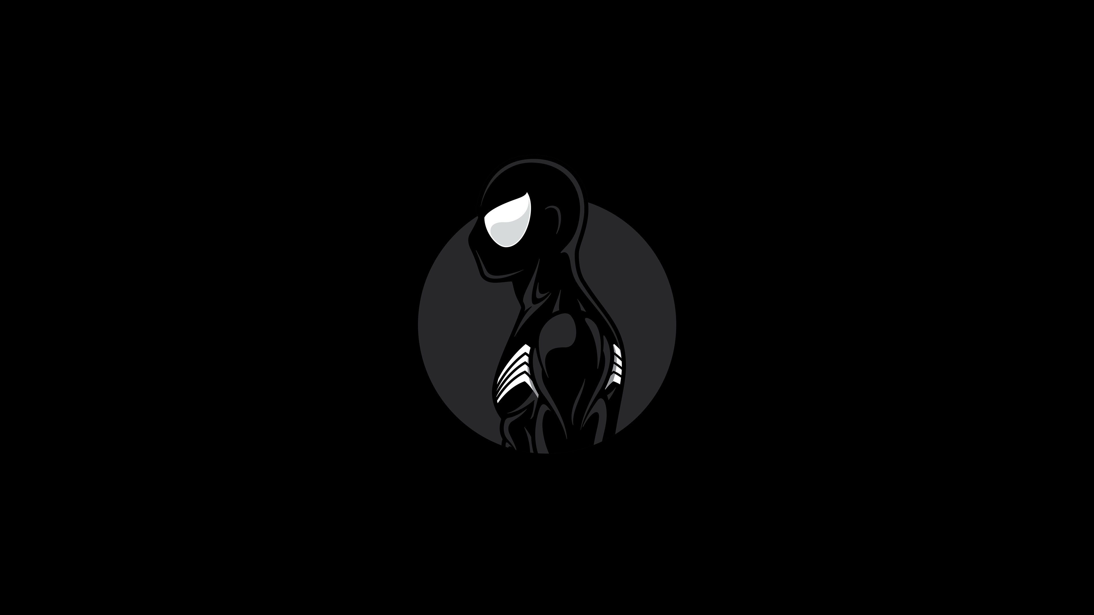 Symbiote Spider-Man, white spider emblem, dark circular backdrop, 4K Desktop wallpaper