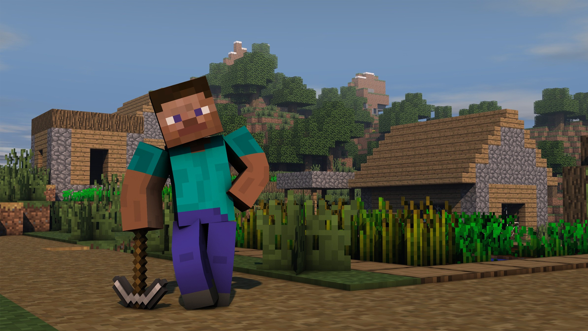 Steve, Minecraft village, Iron pickaxe, Full HD Desktop wallpaper