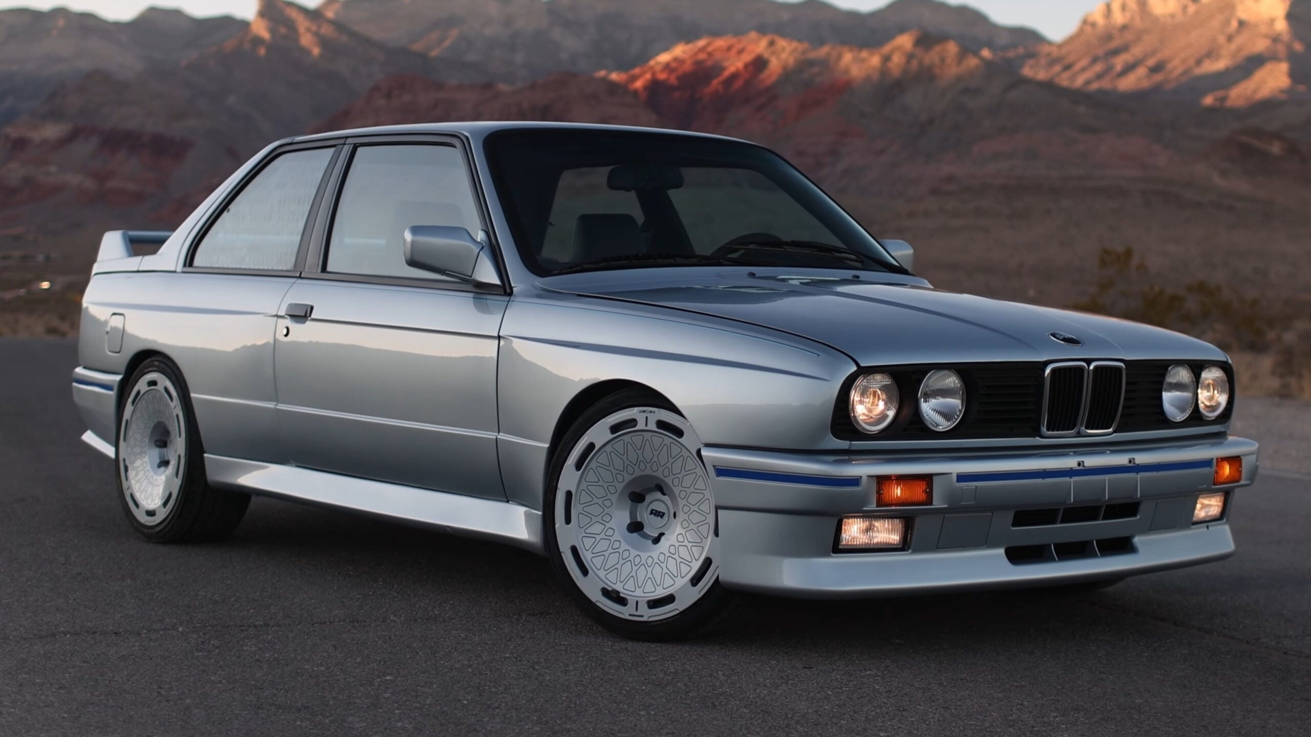 silver BMW E30 M3, turbofan aero wheels, desert mountain road, HD Desktop wallpaper