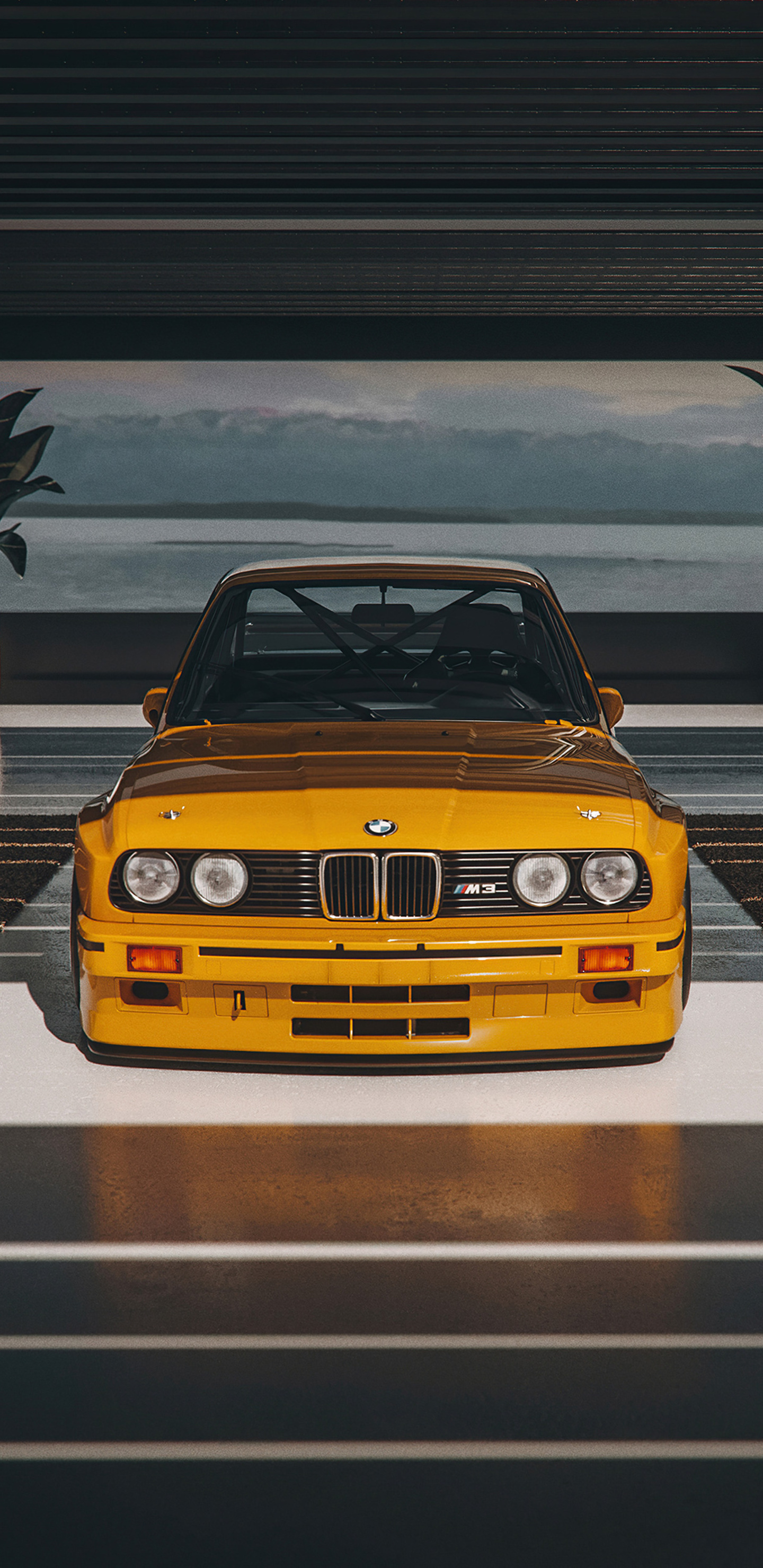 yellow BMW E30 M3, interior roll cage, ocean view garage, HD Phone wallpaper