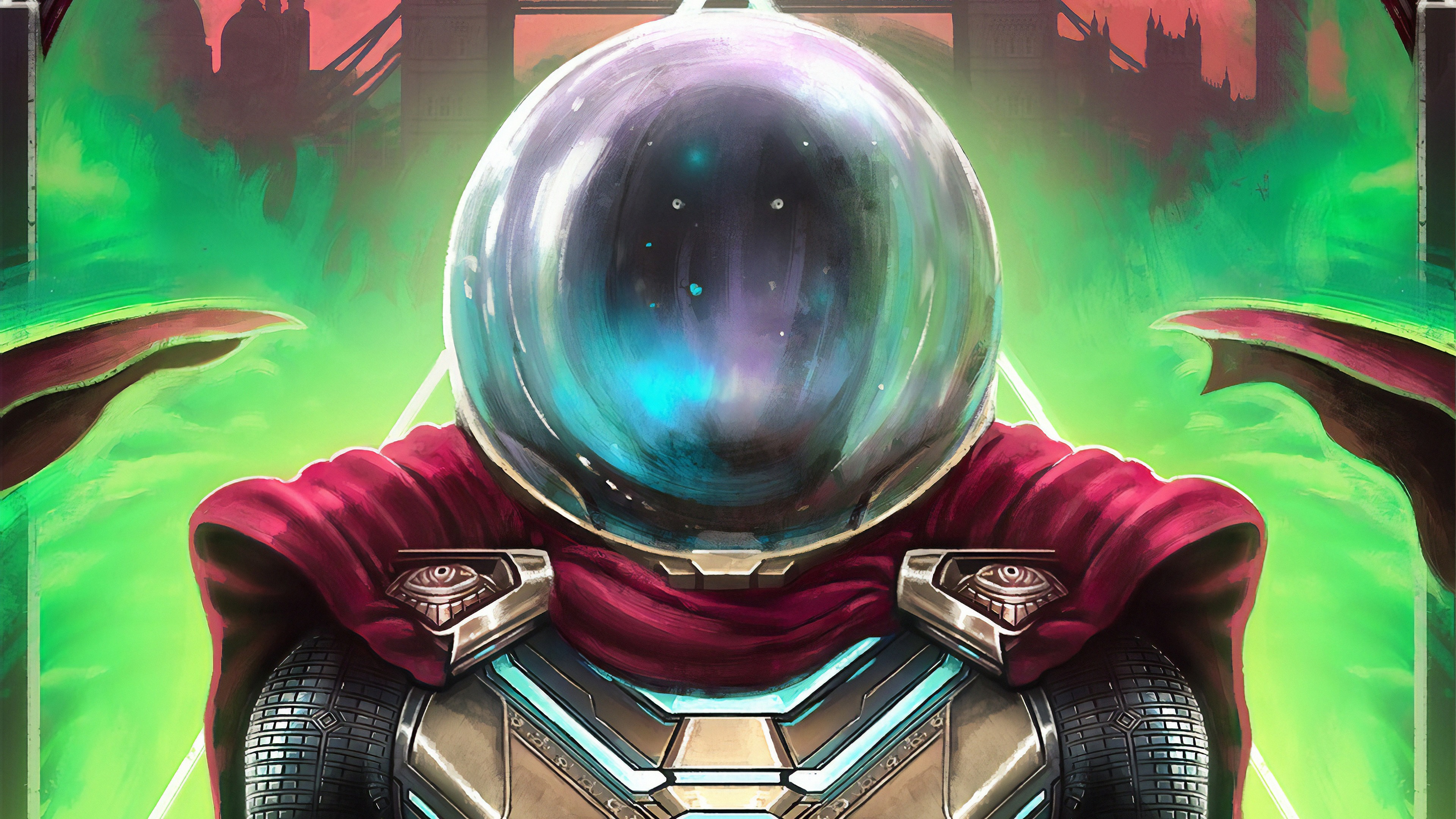 Far From Home, Mysterio, Fishbowl helmet, Draped red cape, London, Tower Bridge, Glowing green smoke background, 4K Desktop wallpaper
