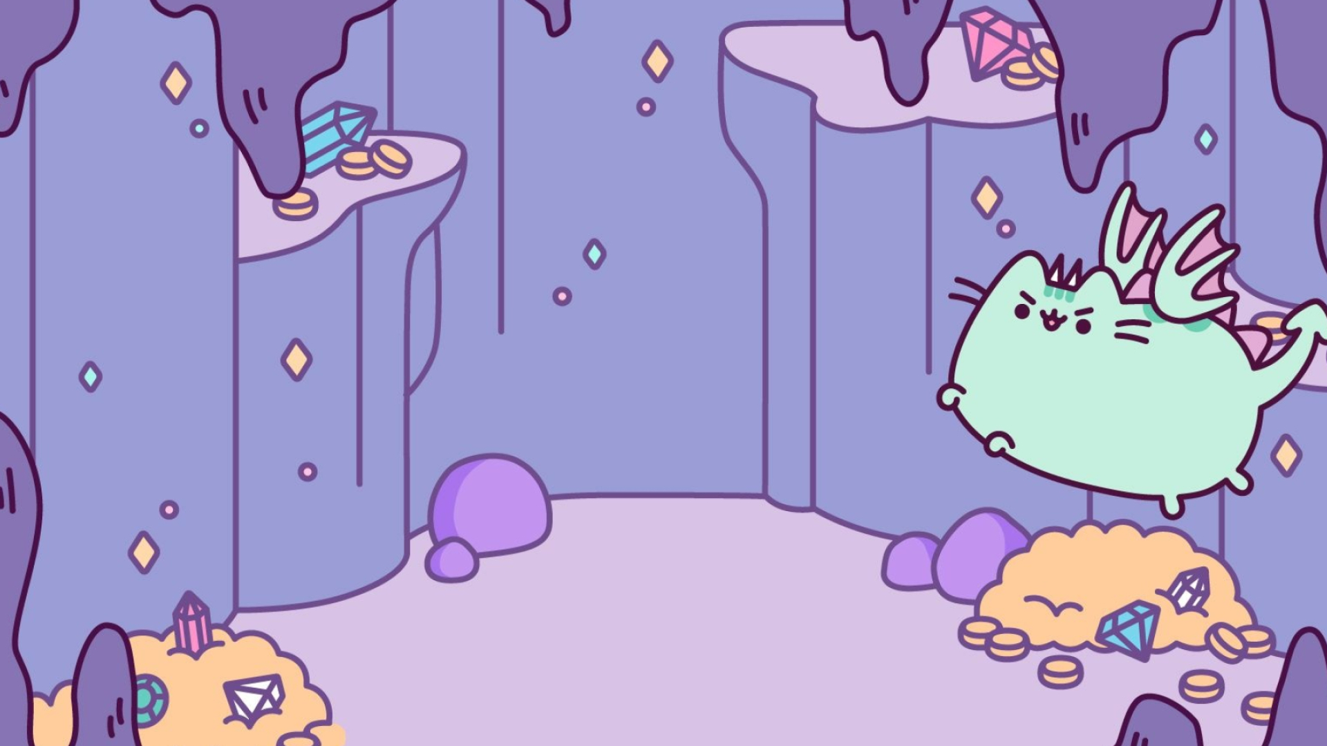 Dragonsheen Pusheen, Gold coins and gems, Purple crystal cave, Full HD Desktop wallpaper