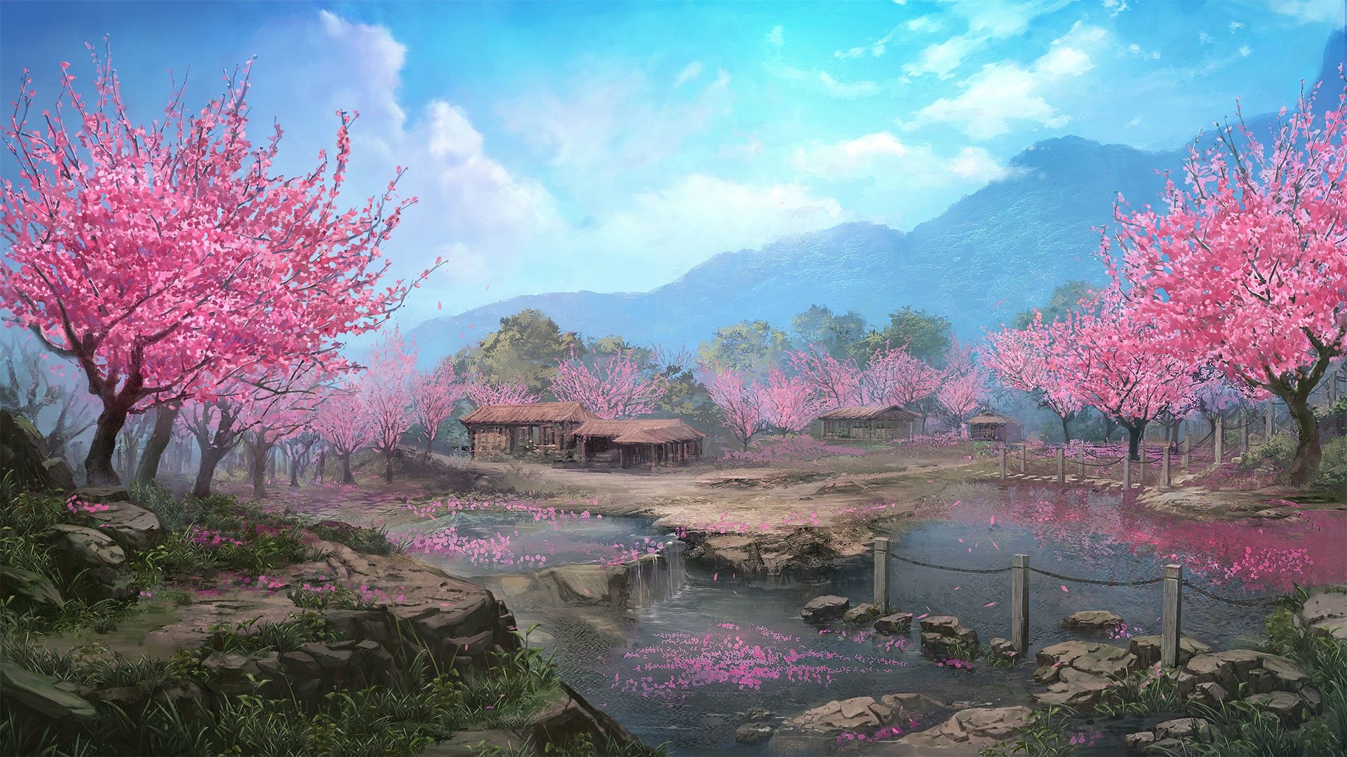 Blooming sakura trees, Rustic wooden village cottages, Stepping stone stream crossing, Full HD Desktop wallpaper
