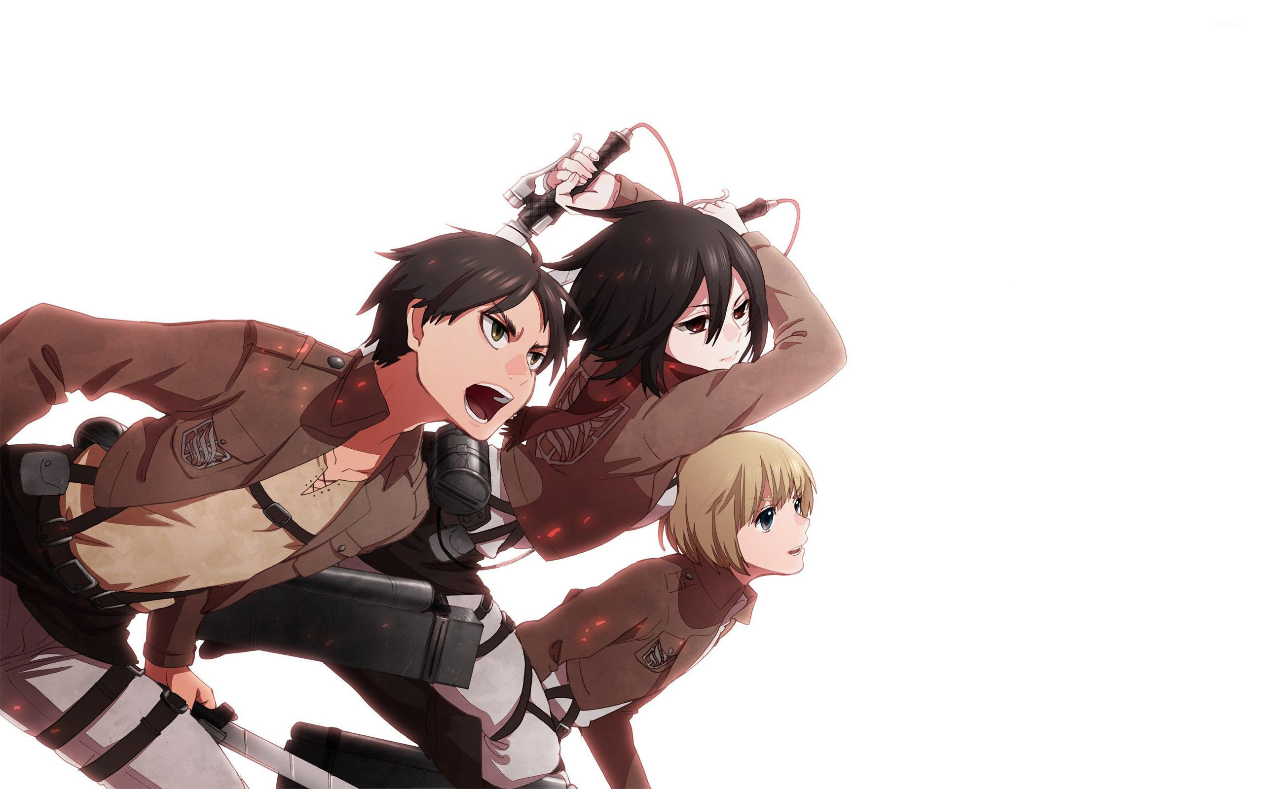 Eren Yeager, Mikasa Ackerman, Armin Arlert, Survey Corps uniform, HD Desktop wallpaper