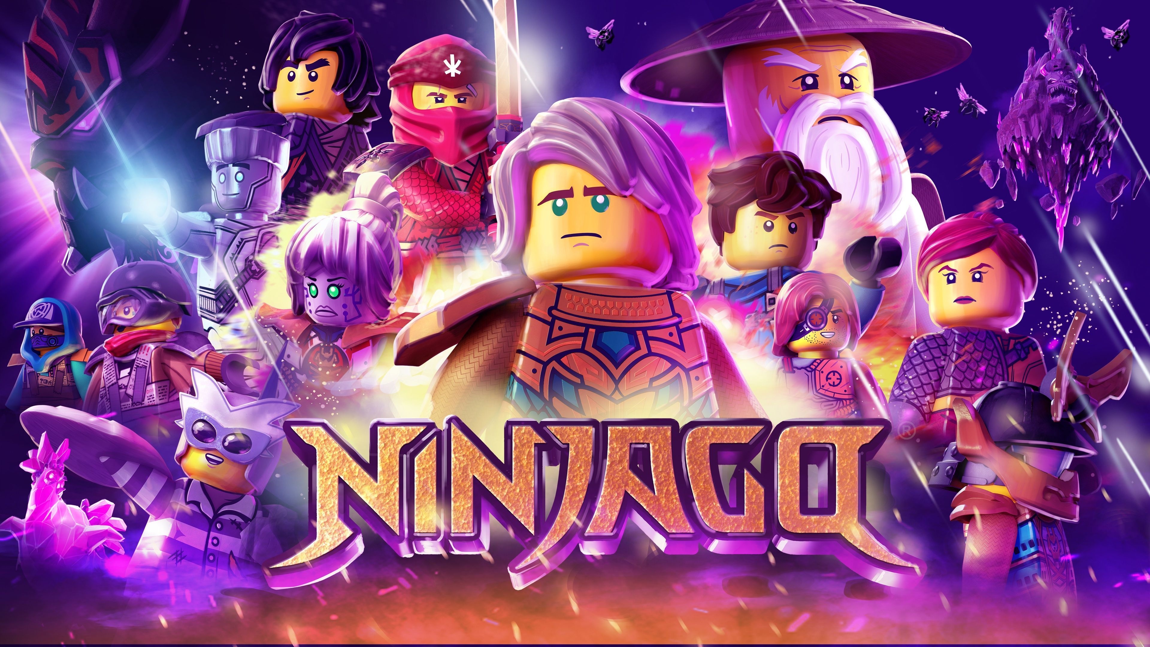 Ninjago logo, Master Wu, Kai in red hood, Jay in blue, Purple crystal cast montage, 4K Desktop wallpaper