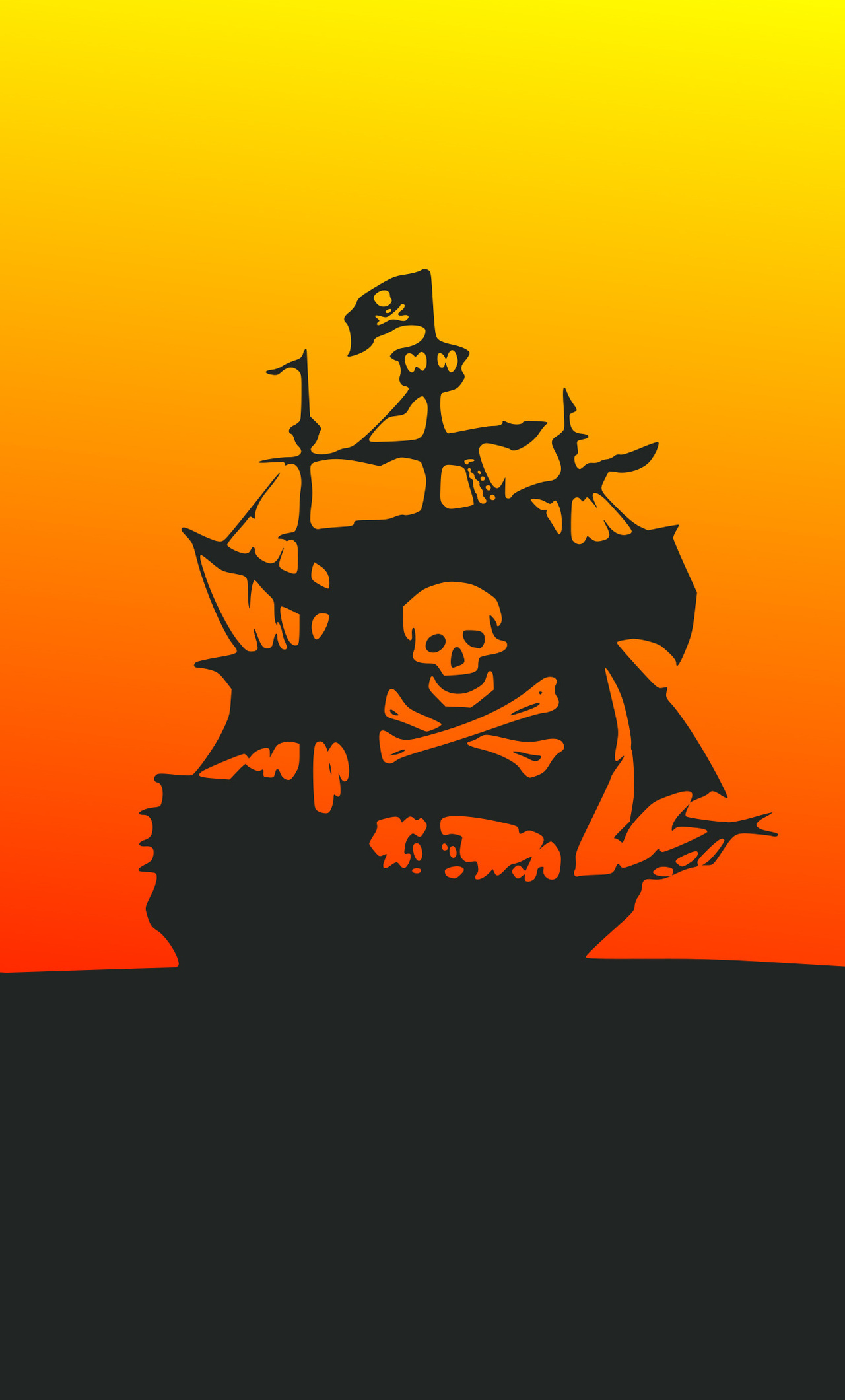 Pirate ship silhouette, Jolly Roger emblem, Orange gradient sky, HD Phone wallpaper